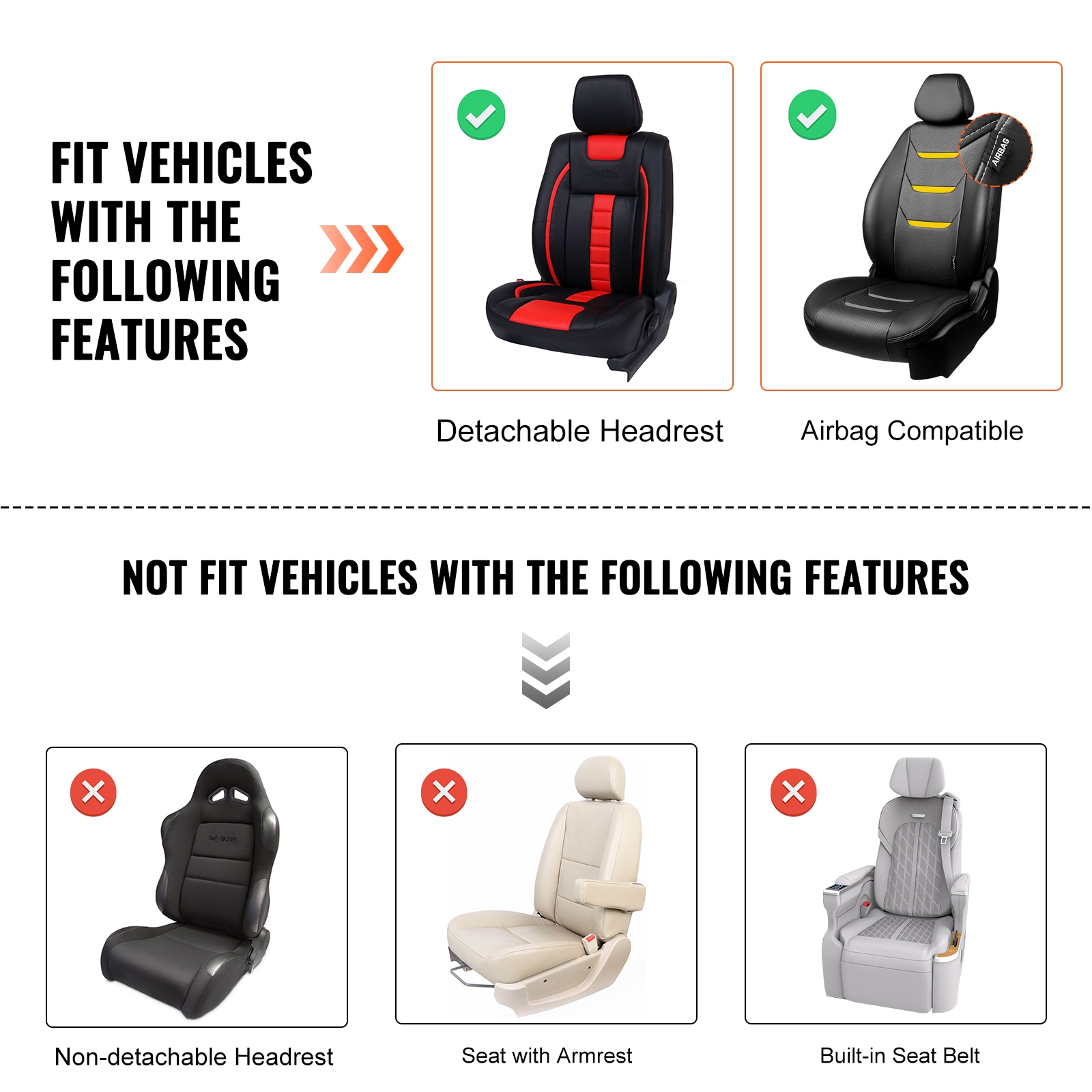 Cubiertas para asientos VEVOR, Cubiertas para asientos delanteros de automóvil universales, Juego de 6 cubiertas de asientos de piel sintética, Diseño totalmente cubierto, Compatible con reposacabezas desmontables y bolsas de aire, Para la mayoría de automóviles, SUVs y camionetas, Color beige