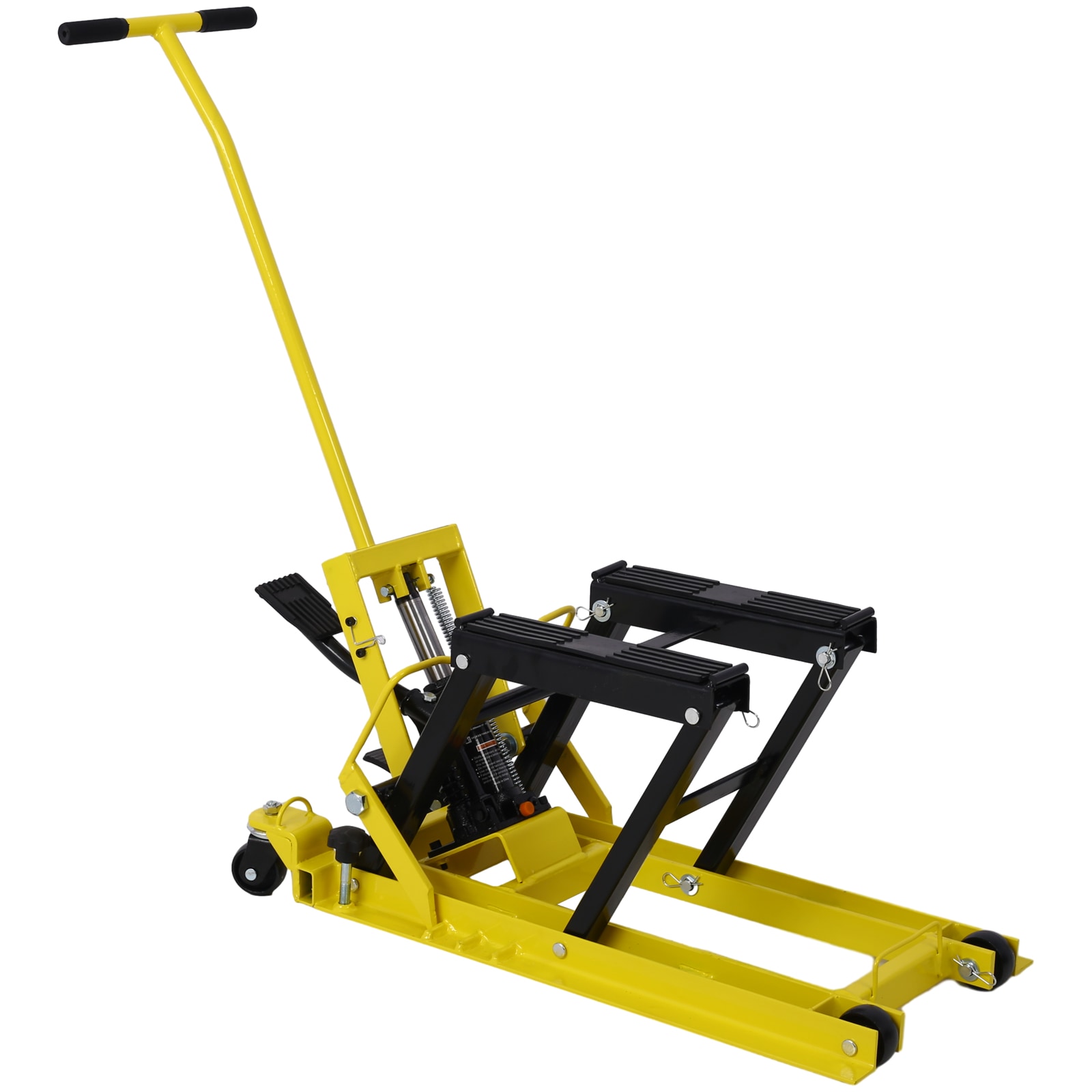 Gato elevador hidráulico portátil para motocicletas Siavonce, capacidad de 1500 lbs, con ruedas y color amarillo.
