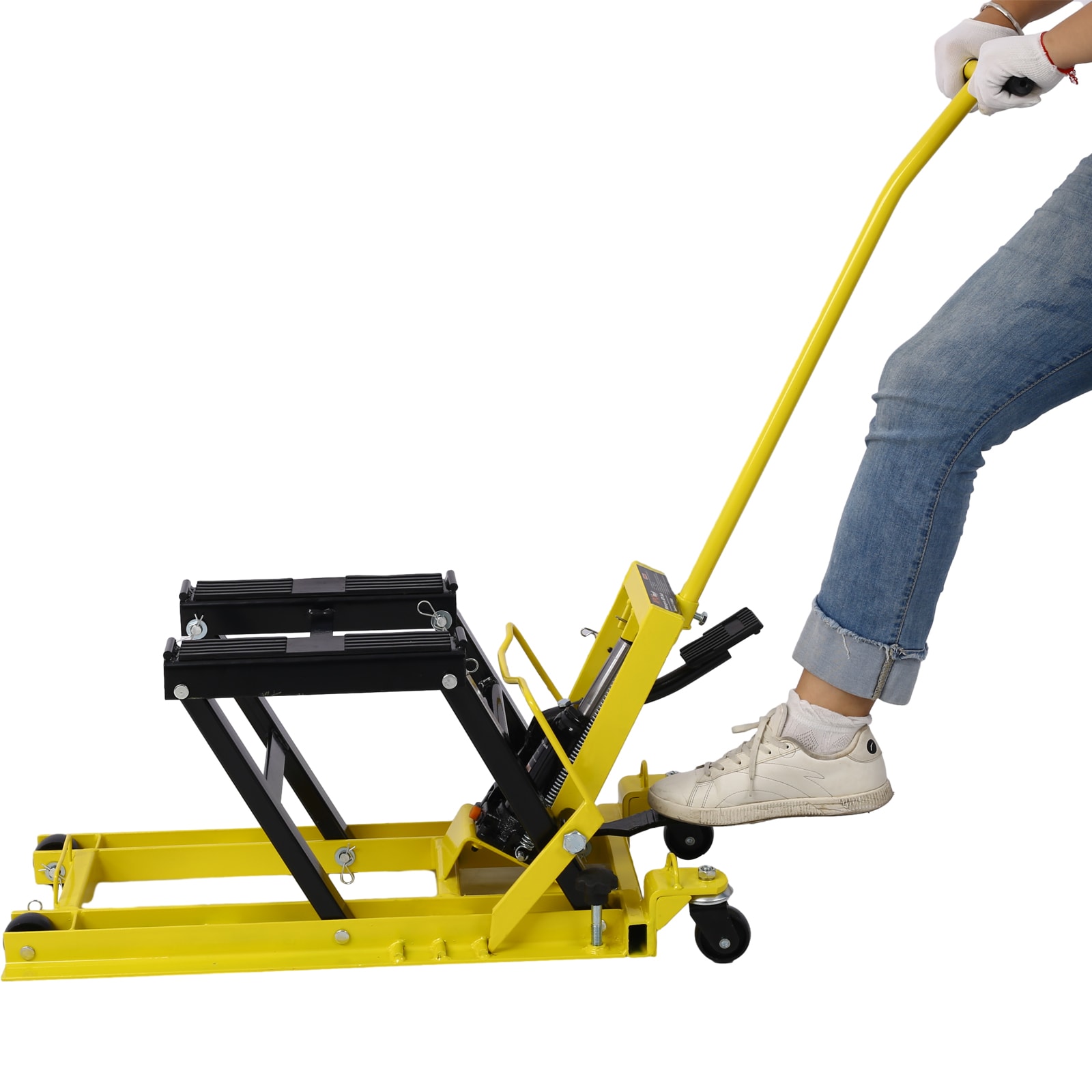 Gato elevador hidráulico portátil para motocicletas Siavonce, capacidad de 1500 lbs, con ruedas y color amarillo.