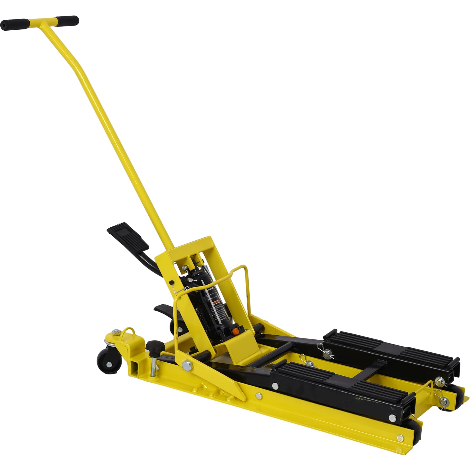 Gato elevador hidráulico portátil para motocicletas Siavonce, capacidad de 1500 lbs, con ruedas y color amarillo.