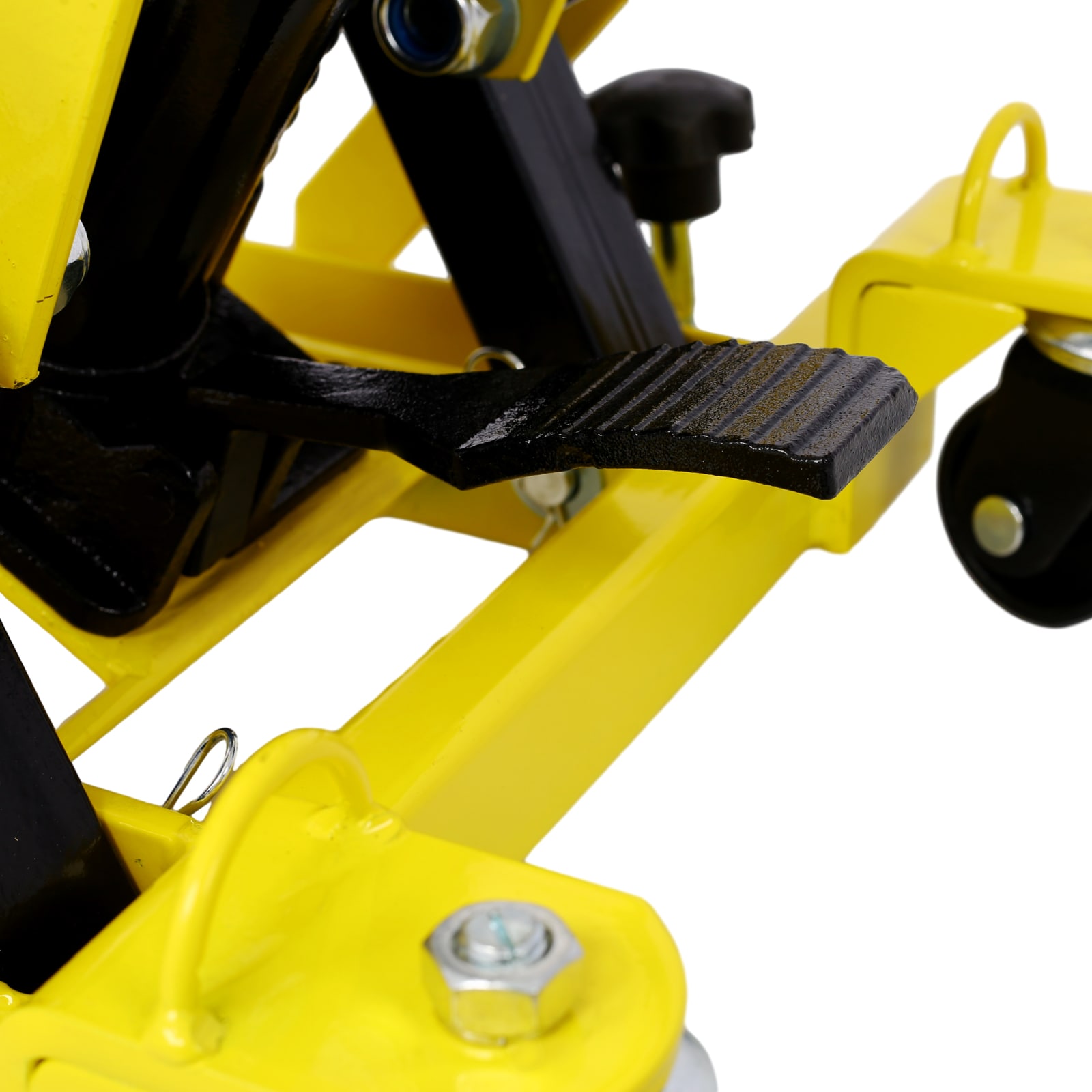 Gato elevador hidráulico portátil para motocicletas Siavonce, capacidad de 1500 lbs, con ruedas y color amarillo.