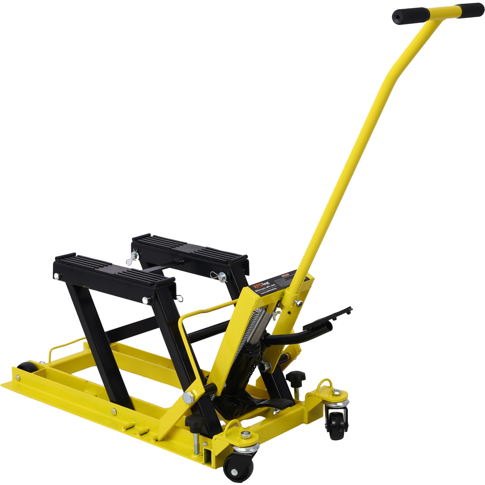 Gato elevador hidráulico portátil para motocicletas Siavonce, capacidad de 1500 lbs, con ruedas y color amarillo.