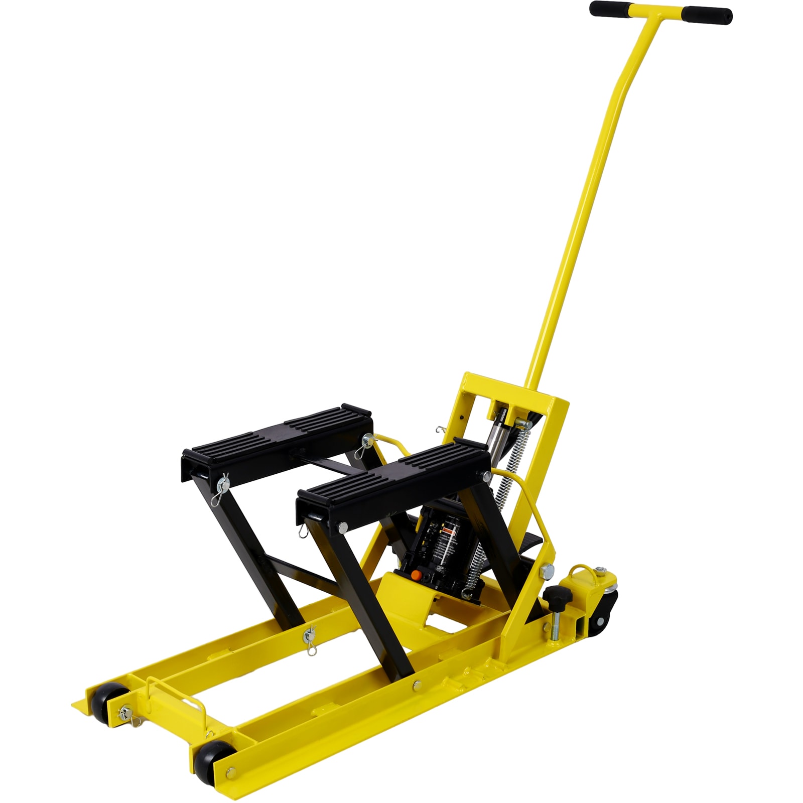 Gato elevador hidráulico portátil para motocicletas Siavonce, capacidad de 1500 lbs, con ruedas y color amarillo.