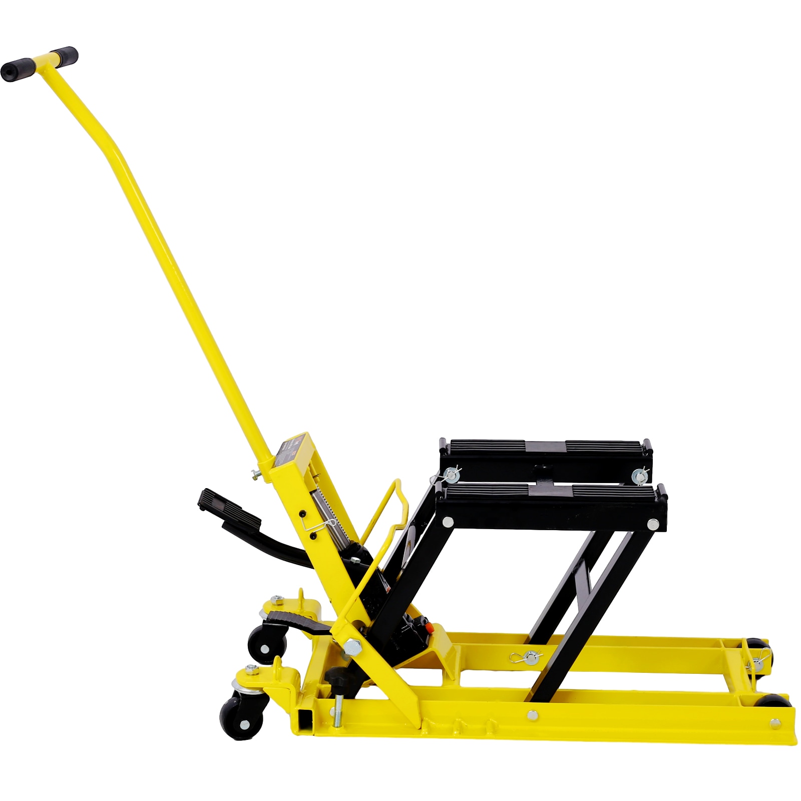 Gato elevador hidráulico portátil para motocicletas Siavonce, capacidad de 1500 lbs, con ruedas y color amarillo.