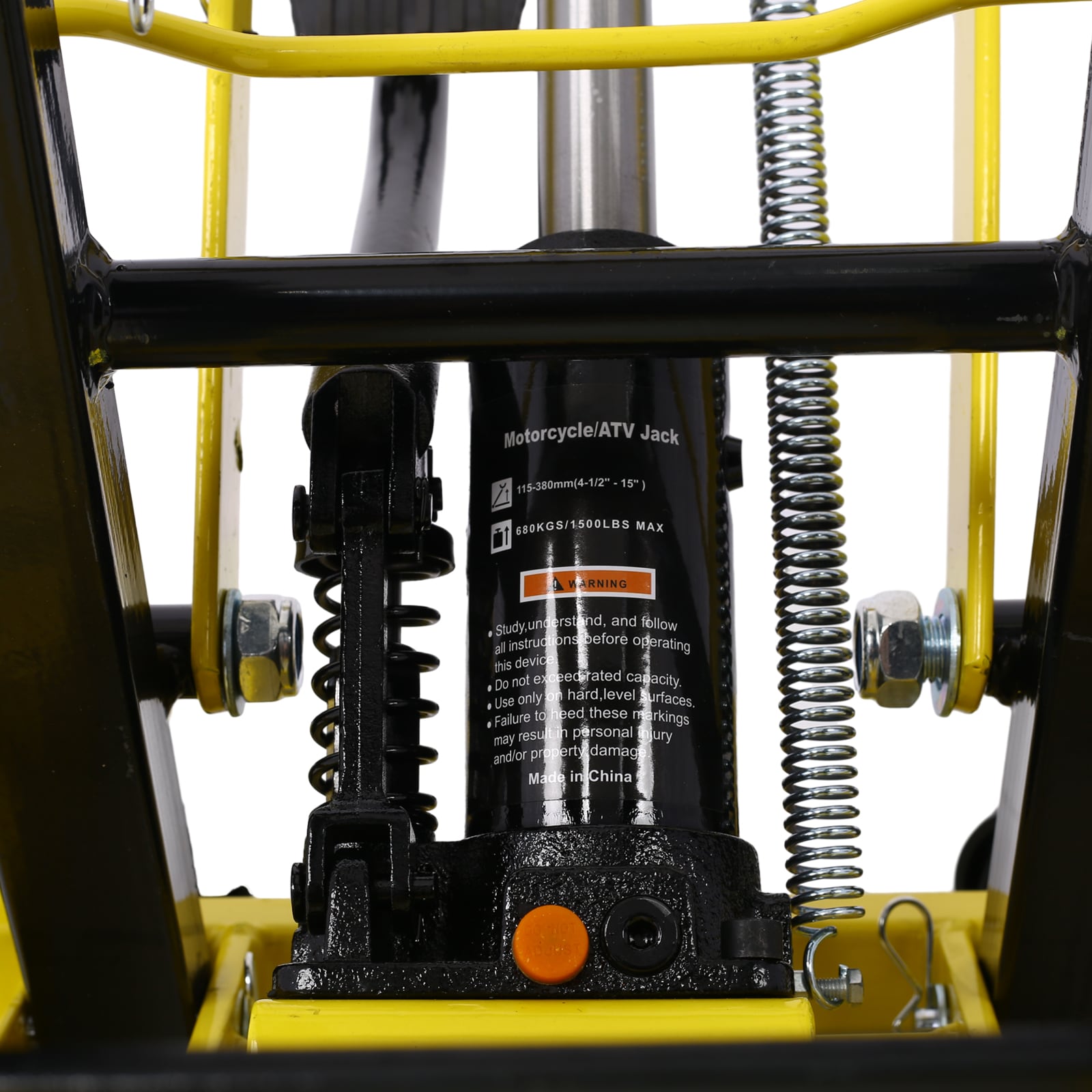 Gato elevador hidráulico portátil para motocicletas Siavonce, capacidad de 1500 lbs, con ruedas y color amarillo.
