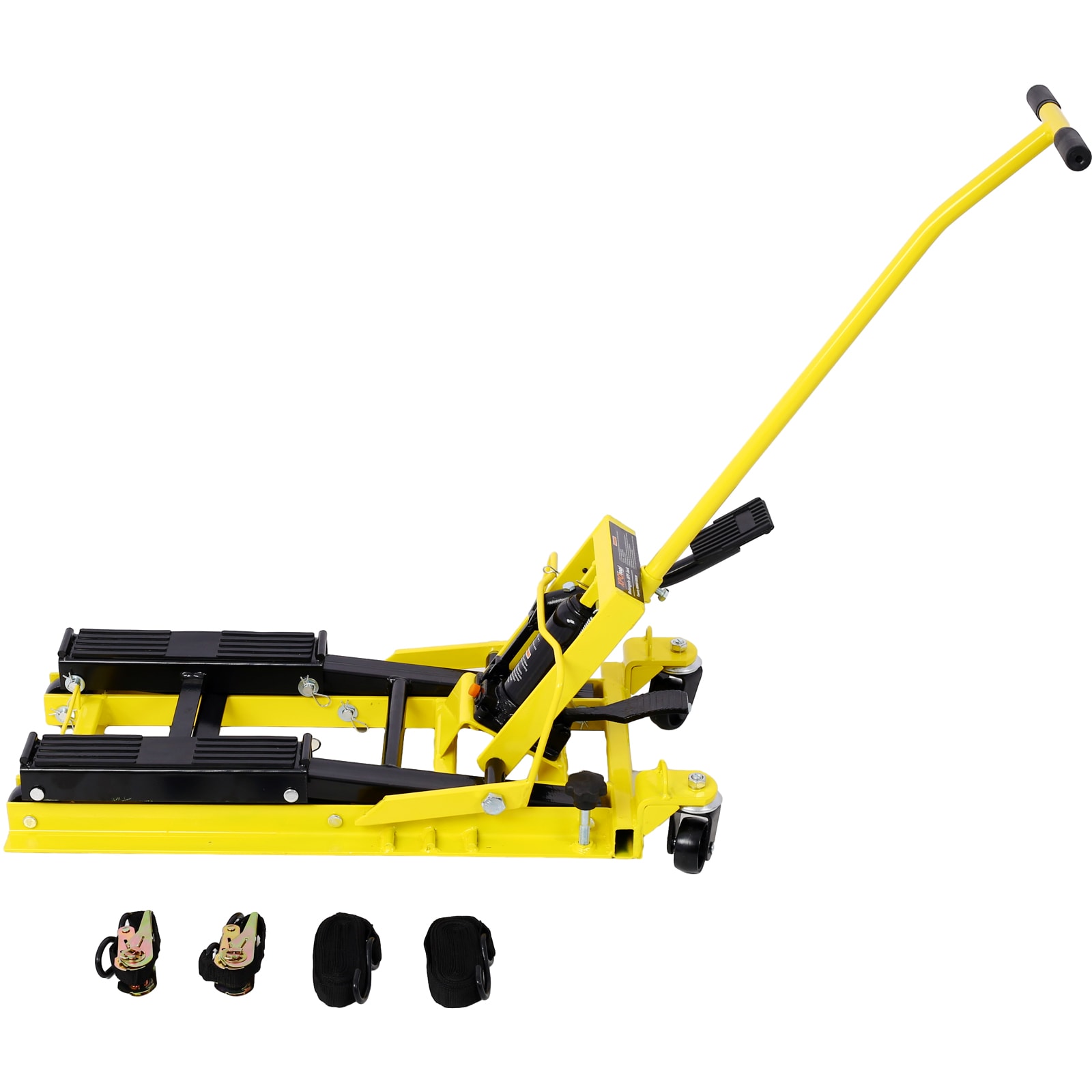 Gato elevador hidráulico portátil para motocicletas Siavonce, capacidad de 1500 lbs, con ruedas y color amarillo.