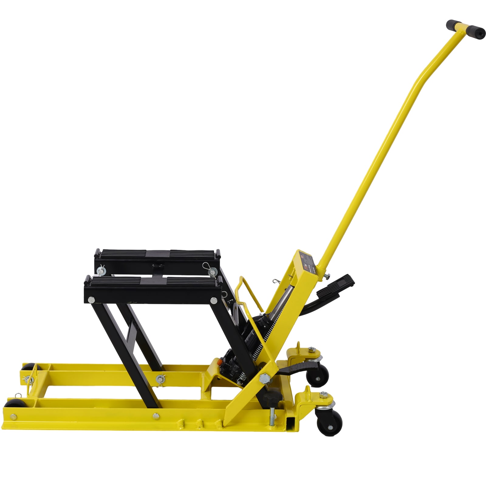 Gato elevador hidráulico portátil para motocicletas Siavonce, capacidad de 1500 lbs, con ruedas y color amarillo.