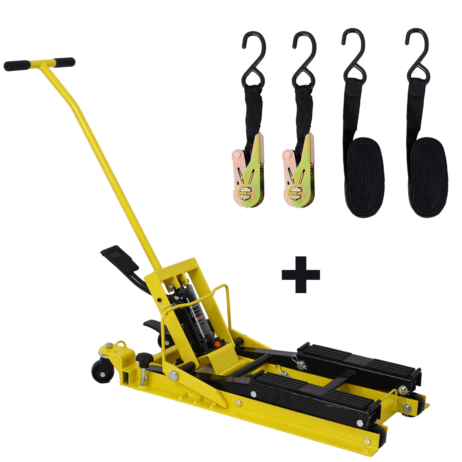 Gato elevador hidráulico portátil para motocicletas Siavonce, capacidad de 1500 lbs, con ruedas y color amarillo.