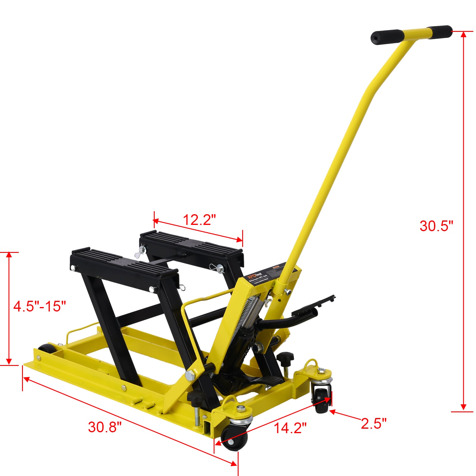 Gato elevador hidráulico portátil para motocicletas Siavonce, capacidad de 1500 lbs, con ruedas y color amarillo.