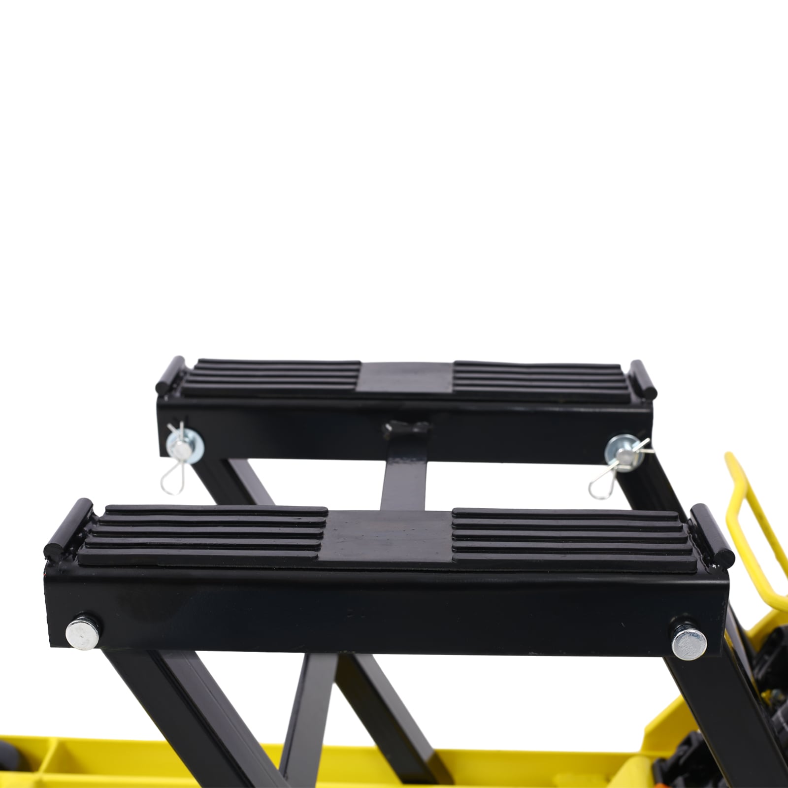 Gato elevador hidráulico portátil para motocicletas Siavonce, capacidad de 1500 lbs, con ruedas y color amarillo.