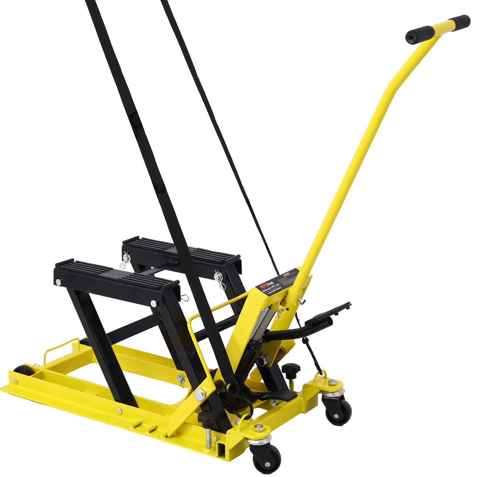 Gato elevador hidráulico portátil para motocicletas Siavonce, capacidad de 1500 lbs, con ruedas y color amarillo.