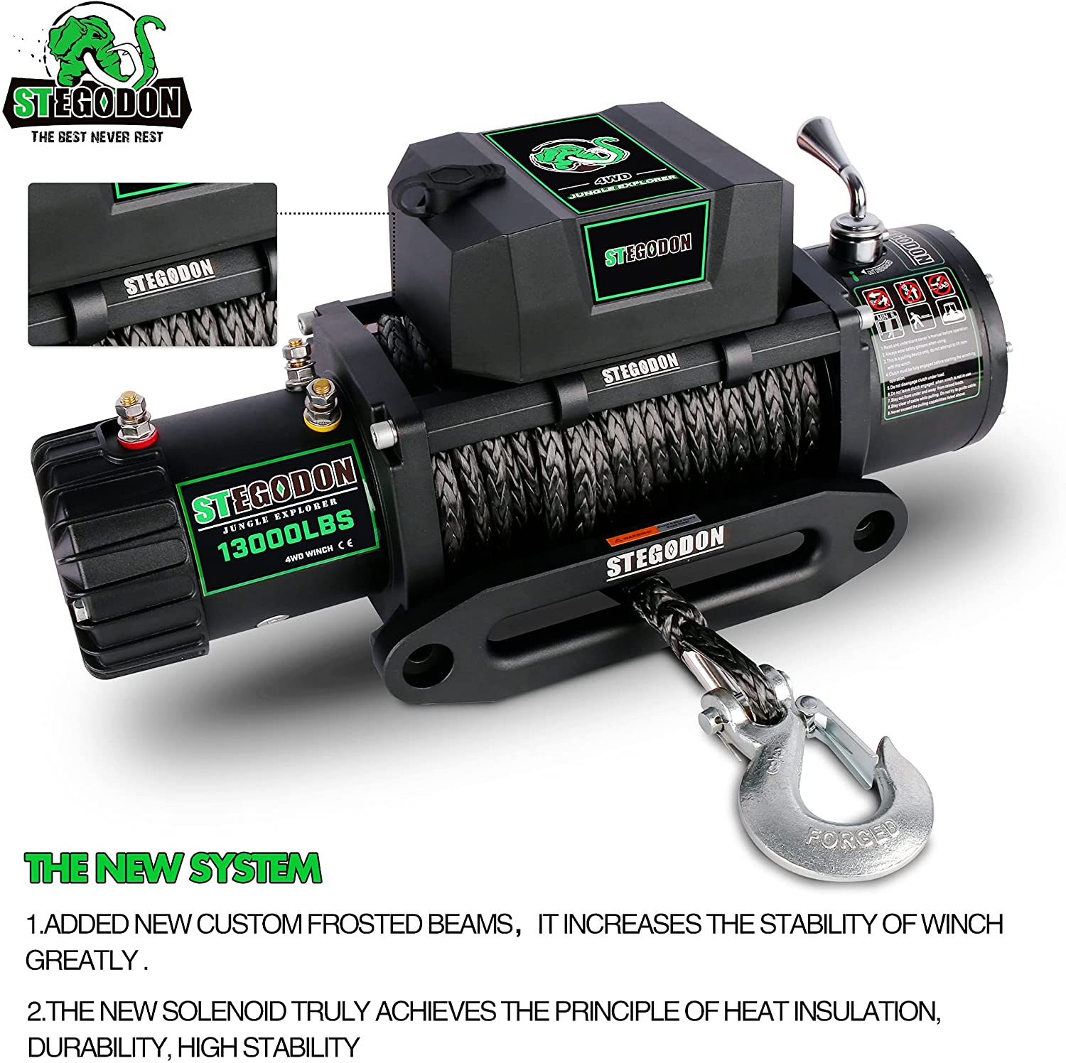 Malacate eléctrico Siavonce New de 13000 libras con cuerda sintética T312V, controles inalámbricos portátiles y manija con cable XH42979.