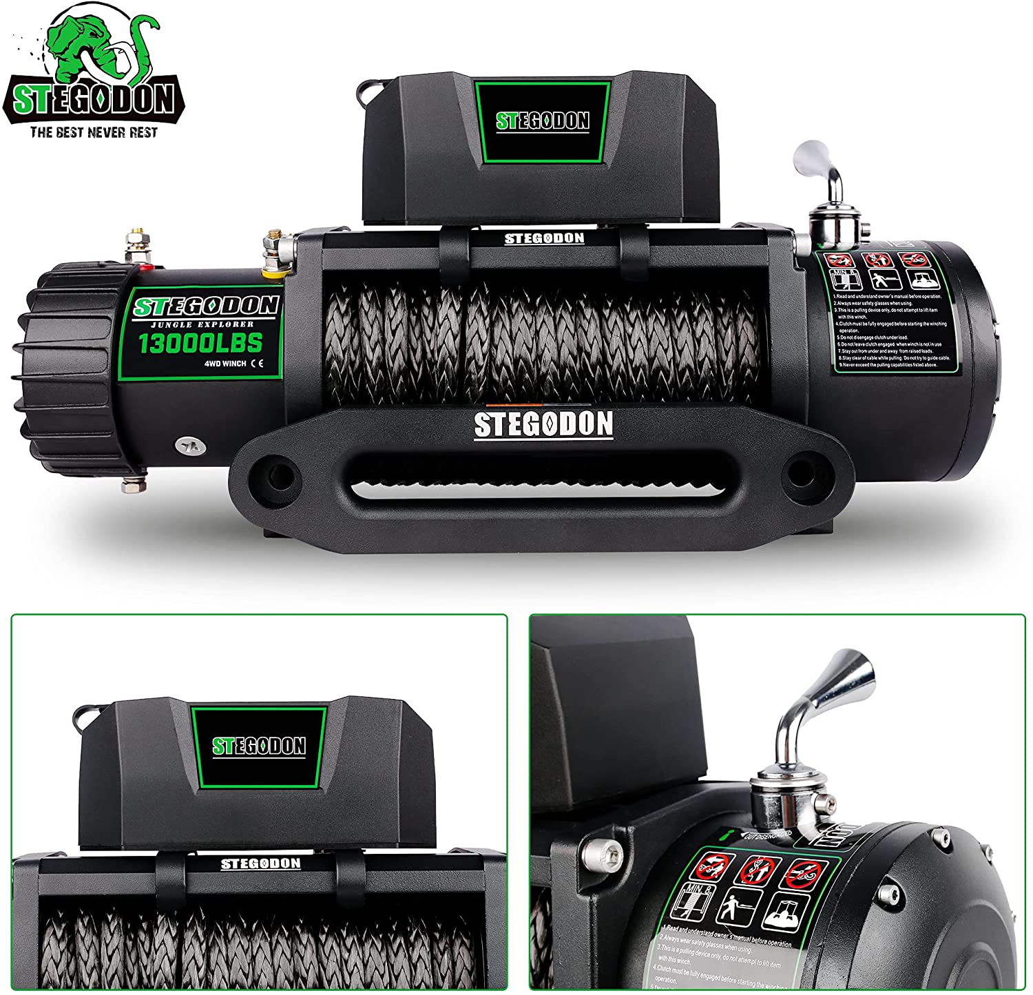 Malacate eléctrico Siavonce New de 13000 libras con cuerda sintética T312V, controles inalámbricos portátiles y manija con cable XH42979.