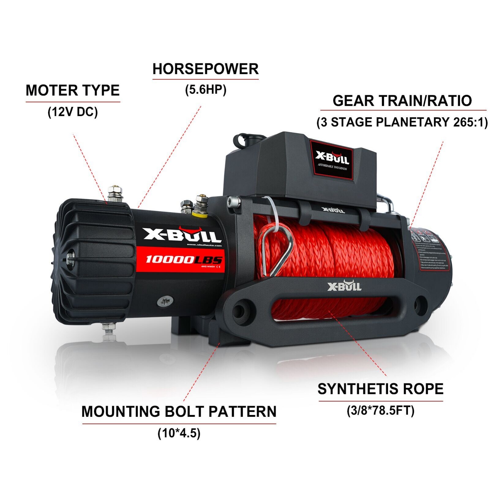 Malacate Eléctrico Siavonce 10000 Lbs 12V Capacidad de Carga de Cuerda Sintética Roja para Remolque de Jeep Camioneta Todo Terreno