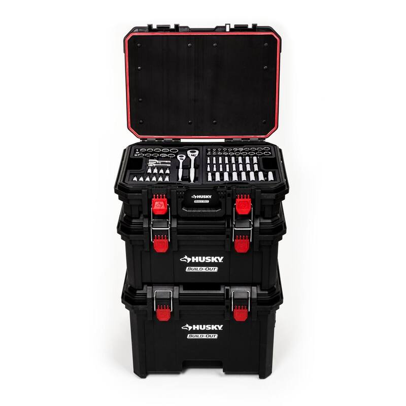 Juego de herramientas mecánicas Husky de 1/4 in., 3/8 in. y 1/2 in. con sistema de rodado y construcción completa (270 piezas) - H270BO3PCRTBCB