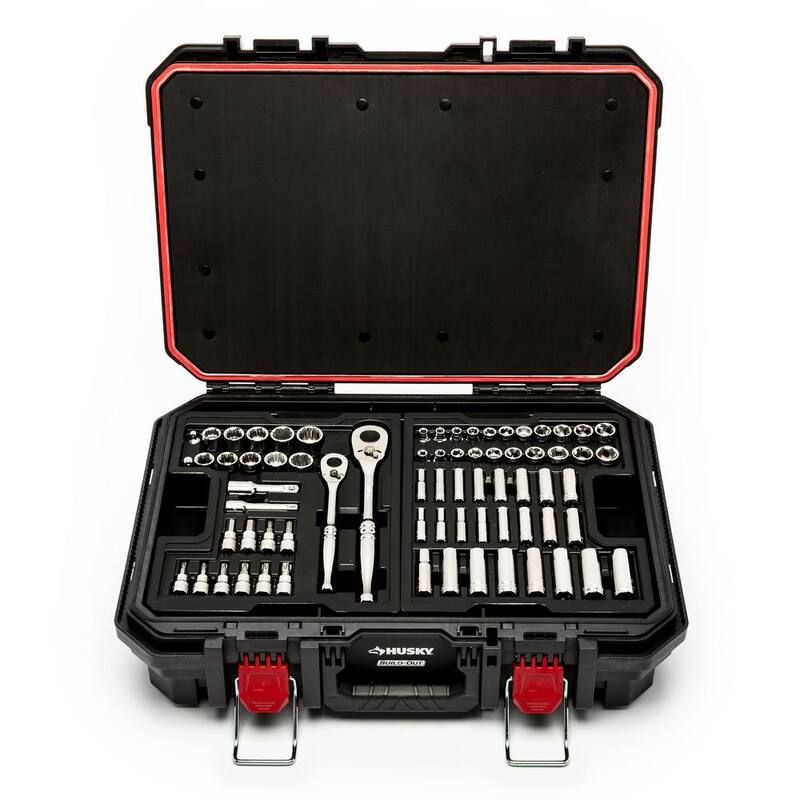 Juego de herramientas mecánicas Husky de 1/4 in., 3/8 in. y 1/2 in. con sistema de rodado y construcción completa (270 piezas) - H270BO3PCRTBCB