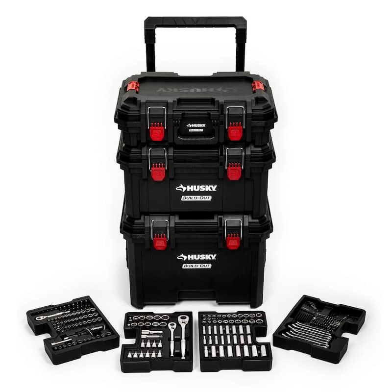 Juego de herramientas mecánicas Husky de 1/4 in., 3/8 in. y 1/2 in. con sistema de rodado y construcción completa (270 piezas) - H270BO3PCRTBCB