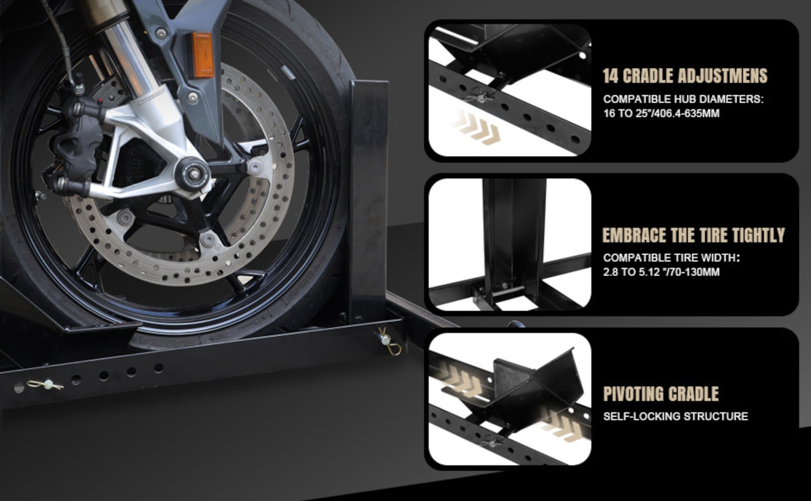 Torin ATRM05012B: Soporte para llanta de remolque de motocicleta ajustable de acero resistente para motocicletas estándar y todoterreno de 16 a 25 pulgadas, capacidad vertical de 1800 libras.