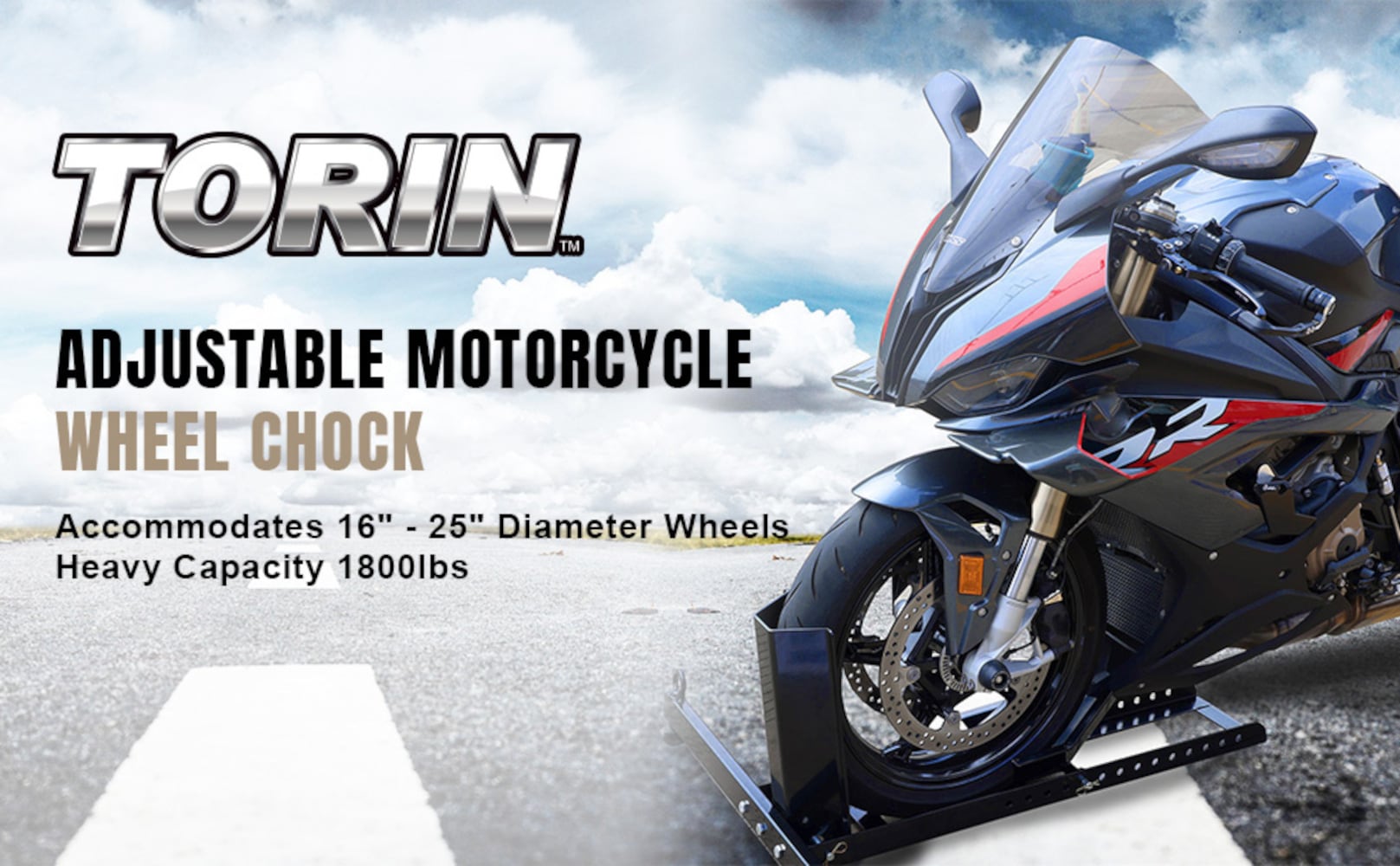 Torin ATRM05012B: Soporte para llanta de remolque de motocicleta ajustable de acero resistente para motocicletas estándar y todoterreno de 16 a 25 pulgadas, capacidad vertical de 1800 libras.