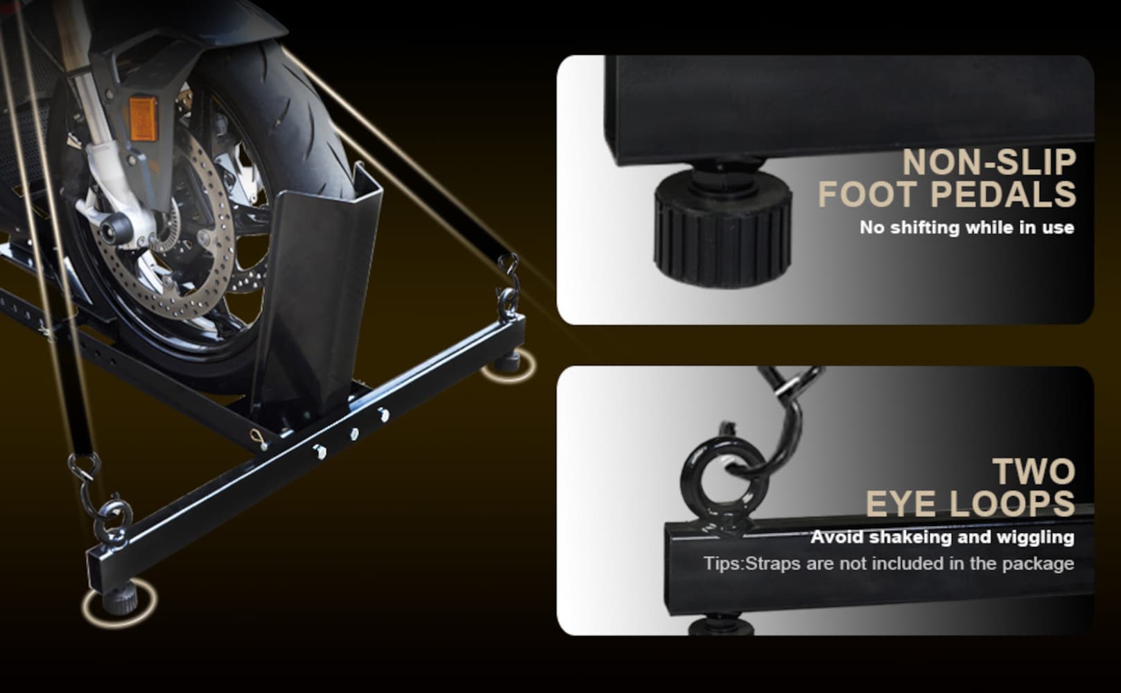 Torin ATRM05012B: Soporte para llanta de remolque de motocicleta ajustable de acero resistente para motocicletas estándar y todoterreno de 16 a 25 pulgadas, capacidad vertical de 1800 libras.