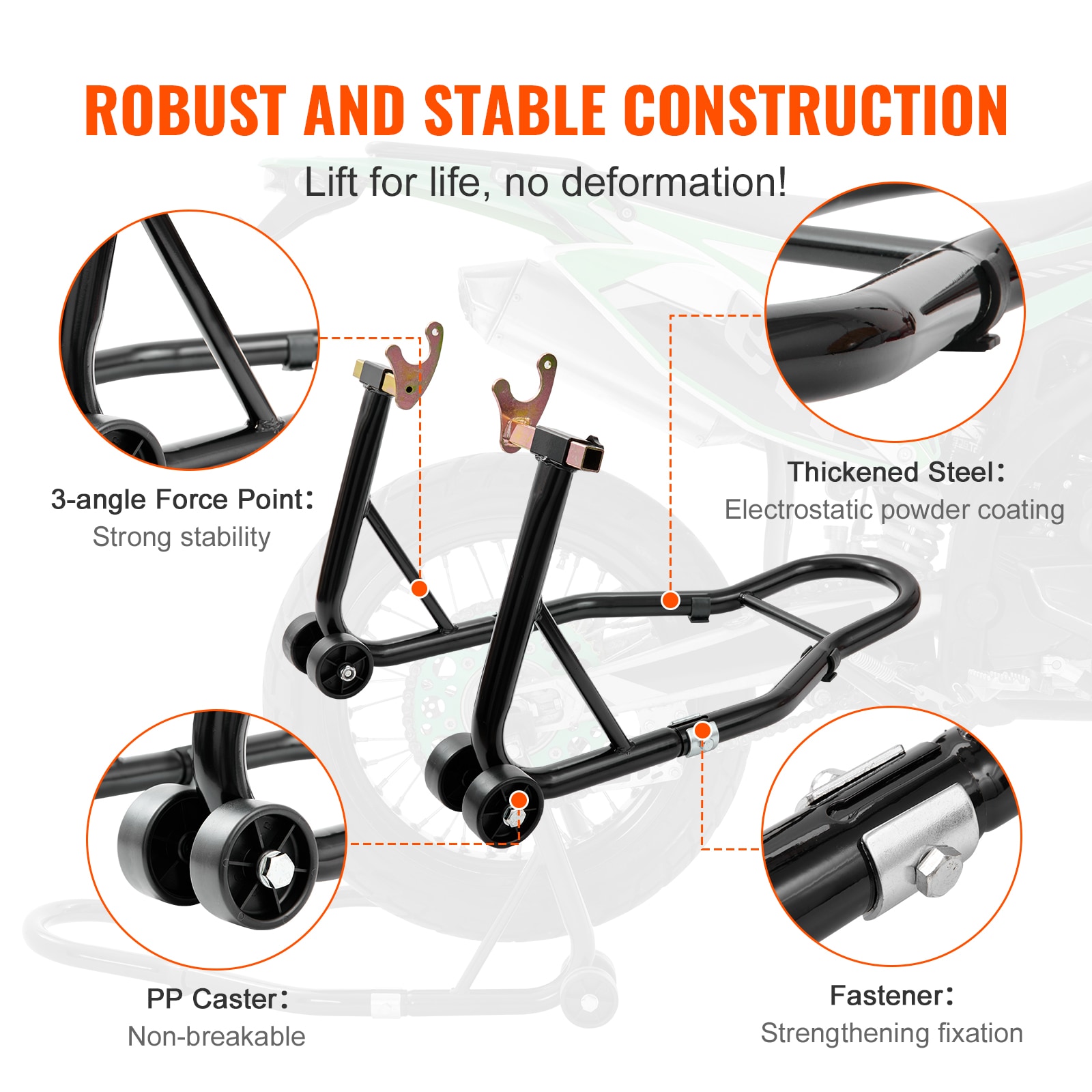 Soporte Trasero para Rueda de Motocicleta VEVOR, con Espárragos de Brazo Oscilante U + L, Capacidad de 850 Lbs, Soporte de Elevación para Rueda Trasera de Motocicleta Resistente, Para Suzuki Yamaha Honda Kawasaki, Negro