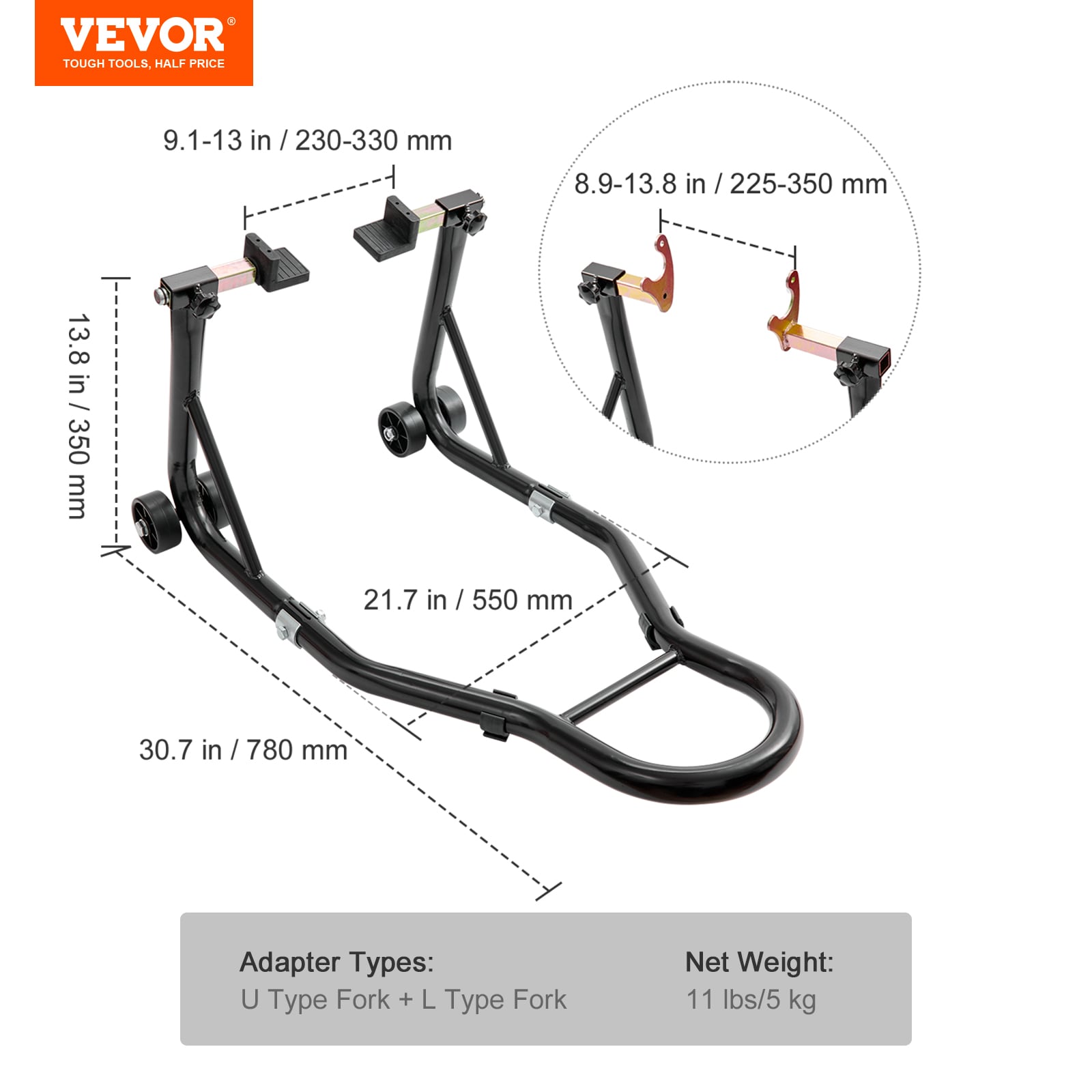 Soporte Trasero para Rueda de Motocicleta VEVOR, con Espárragos de Brazo Oscilante U + L, Capacidad de 850 Lbs, Soporte de Elevación para Rueda Trasera de Motocicleta Resistente, Para Suzuki Yamaha Honda Kawasaki, Negro