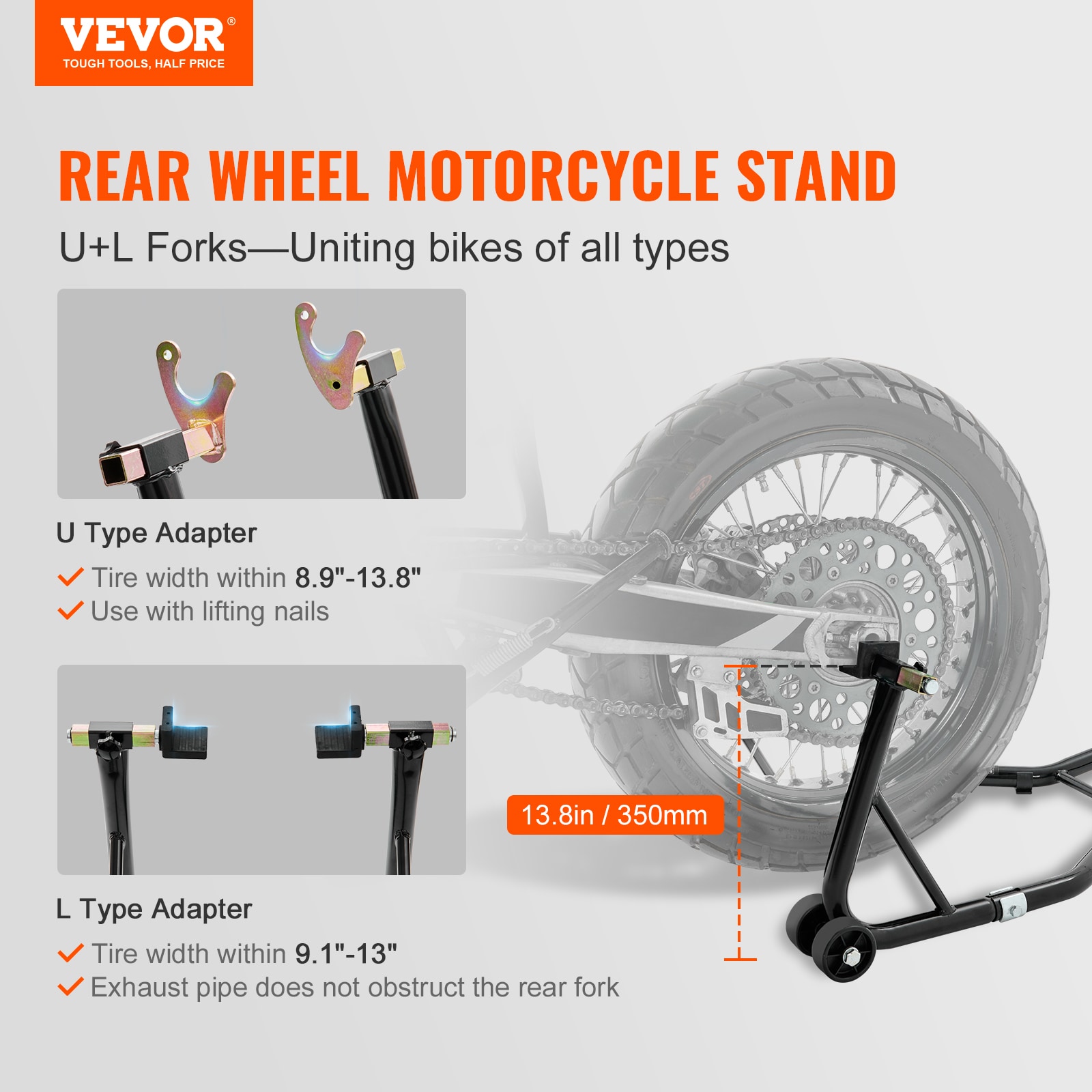 Soporte Trasero para Rueda de Motocicleta VEVOR, con Espárragos de Brazo Oscilante U + L, Capacidad de 850 Lbs, Soporte de Elevación para Rueda Trasera de Motocicleta Resistente, Para Suzuki Yamaha Honda Kawasaki, Negro