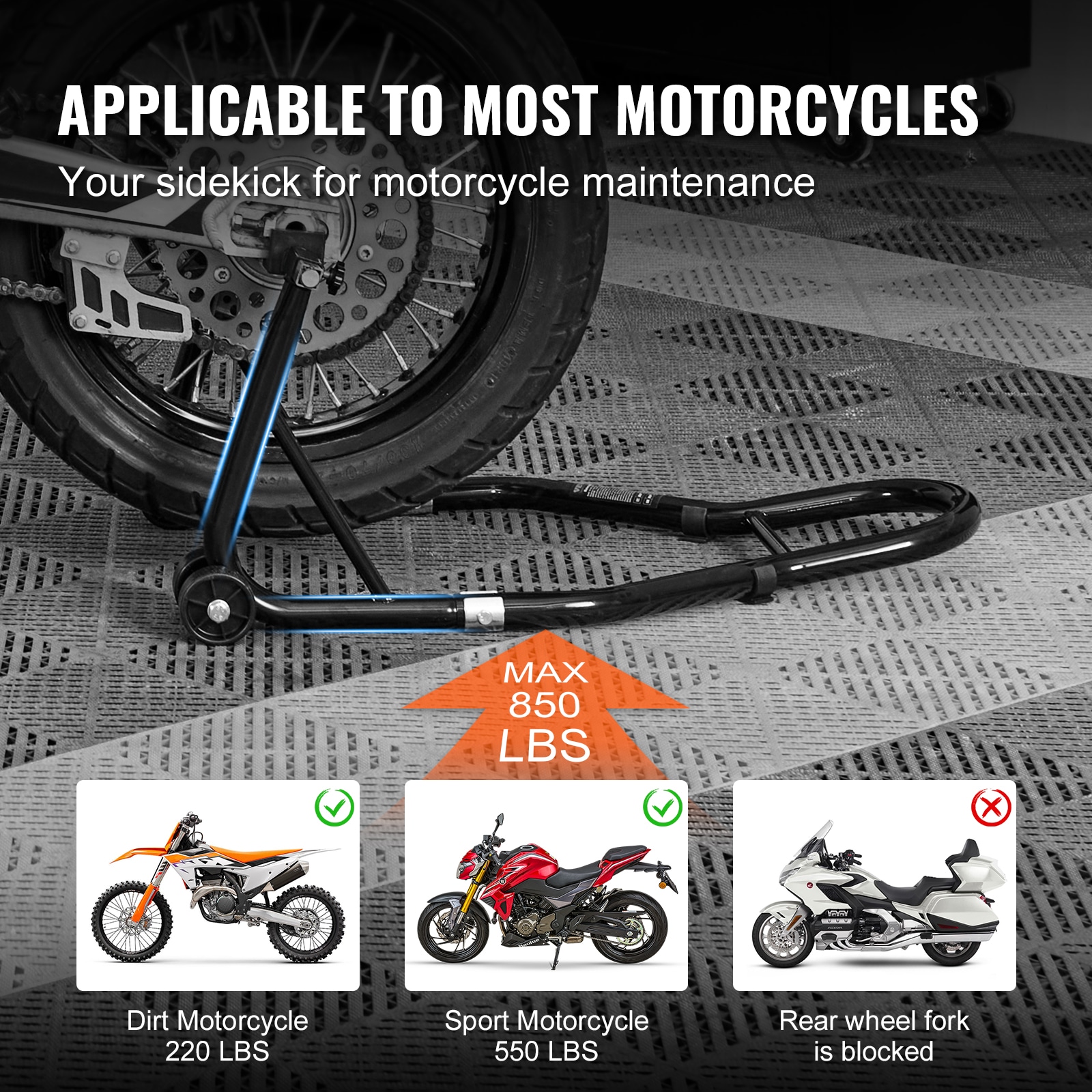 Soporte Trasero para Rueda de Motocicleta VEVOR, con Espárragos de Brazo Oscilante U + L, Capacidad de 850 Lbs, Soporte de Elevación para Rueda Trasera de Motocicleta Resistente, Para Suzuki Yamaha Honda Kawasaki, Negro