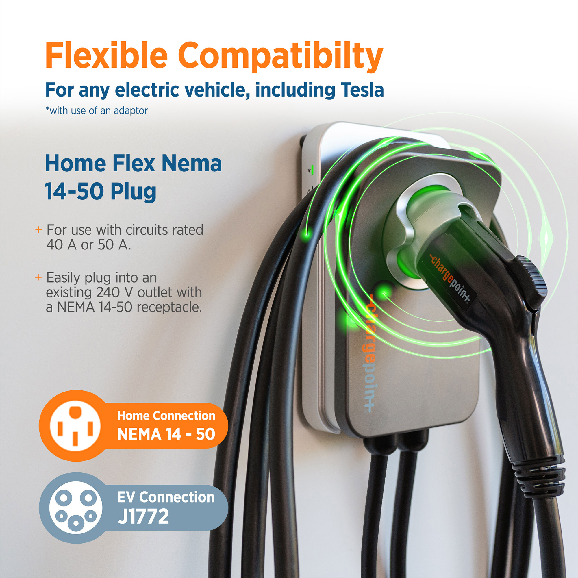 Estación de carga para vehículos eléctricos ChargePoint Home Flex Nivel 2 con conector NEMA 14-50r: hasta 50 amperios/240 voltios con cable de 23 pies 235145