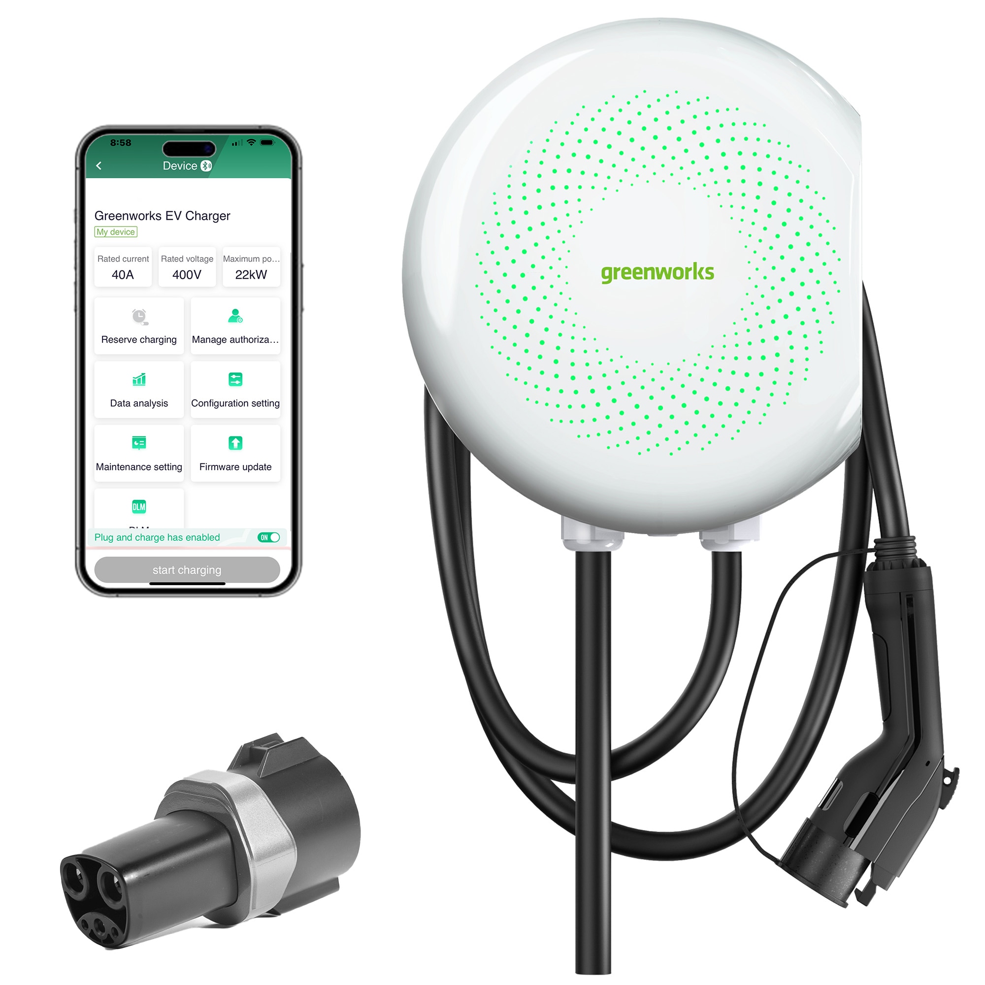 Estación de carga para vehículo eléctrico Greenworks Nivel 2 NEMA 14-50r con conexión eléctrica fija - hasta 48 amperios / 240 voltios con cable de 20 pies EVC1648