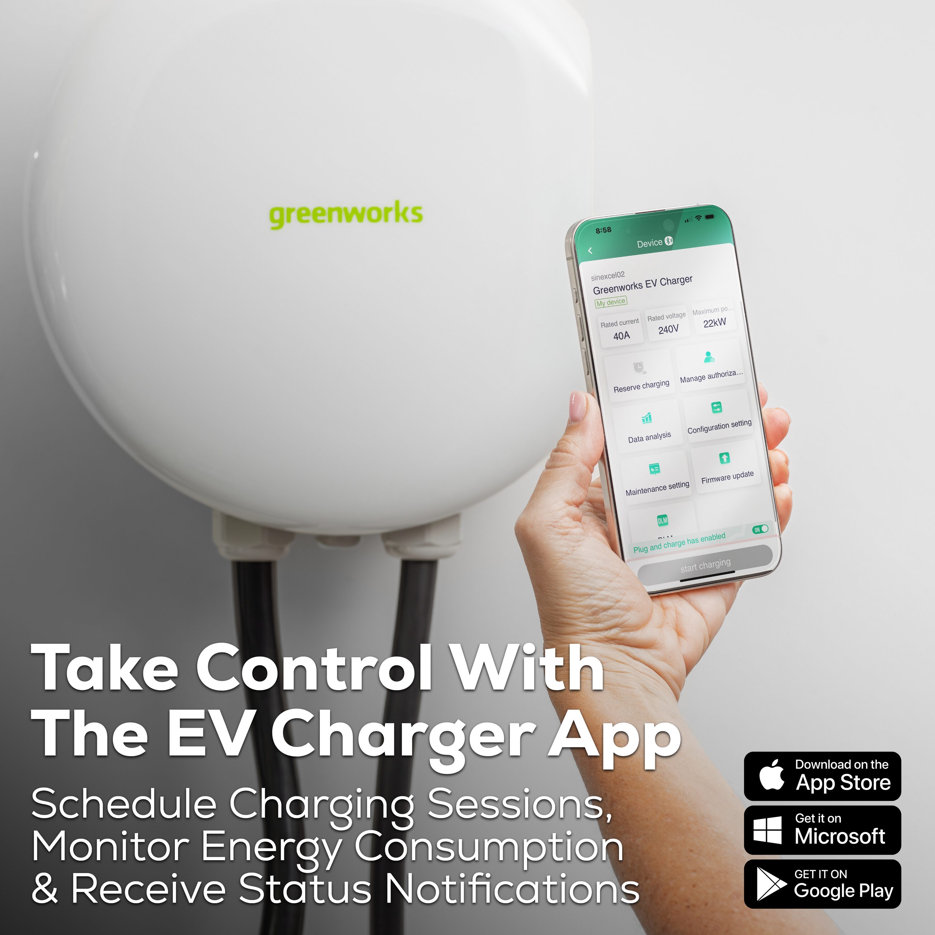 Estación de carga para vehículo eléctrico Greenworks Nivel 2 NEMA 14-50r con conexión eléctrica fija - hasta 48 amperios / 240 voltios con cable de 20 pies EVC1648
