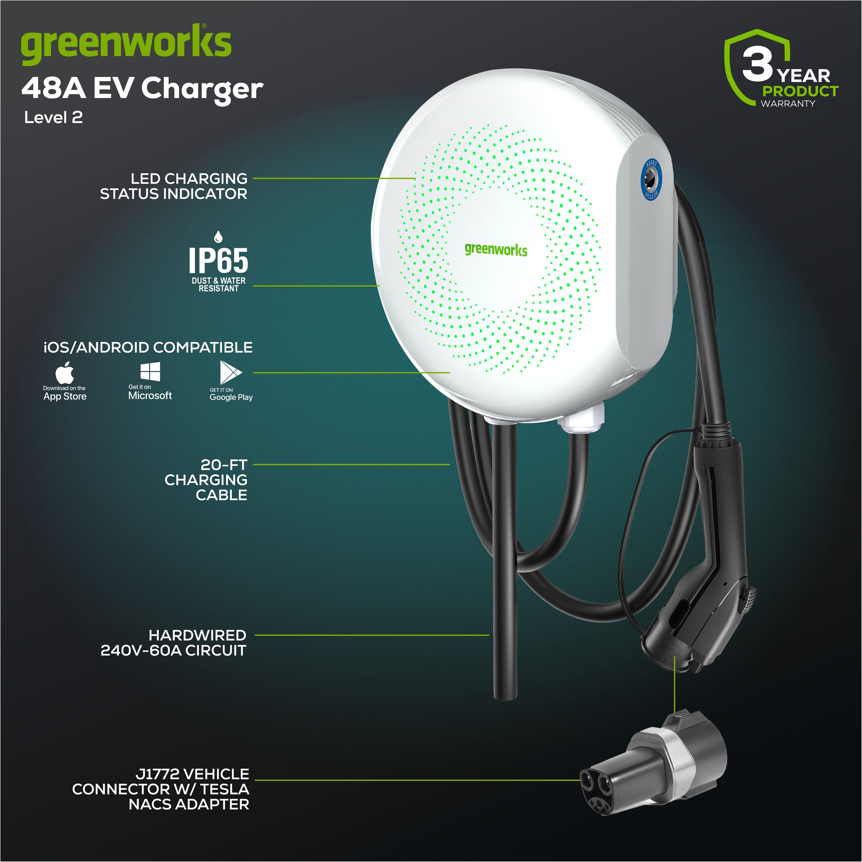 Estación de carga para vehículo eléctrico Greenworks Nivel 2 NEMA 14-50r con conexión eléctrica fija - hasta 48 amperios / 240 voltios con cable de 20 pies EVC1648
