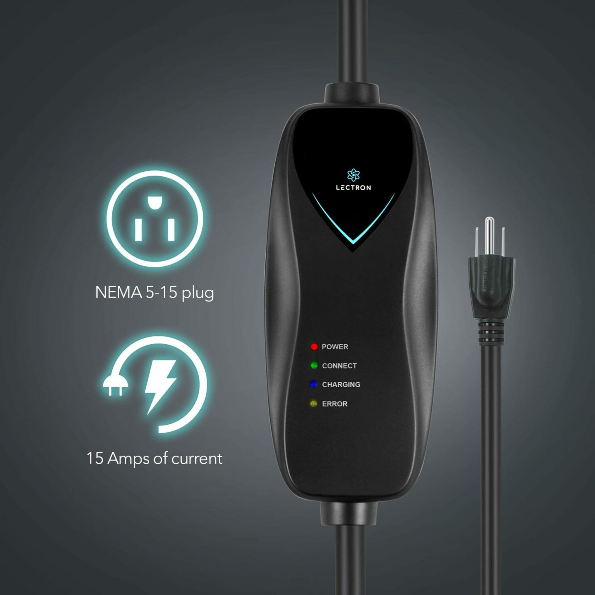 Estación de carga de vehículos eléctricos Lectron Nivel 1 con Enchufe NEMA 15-15p: hasta 15 Amperios/120 Voltios con cable de 21 pies