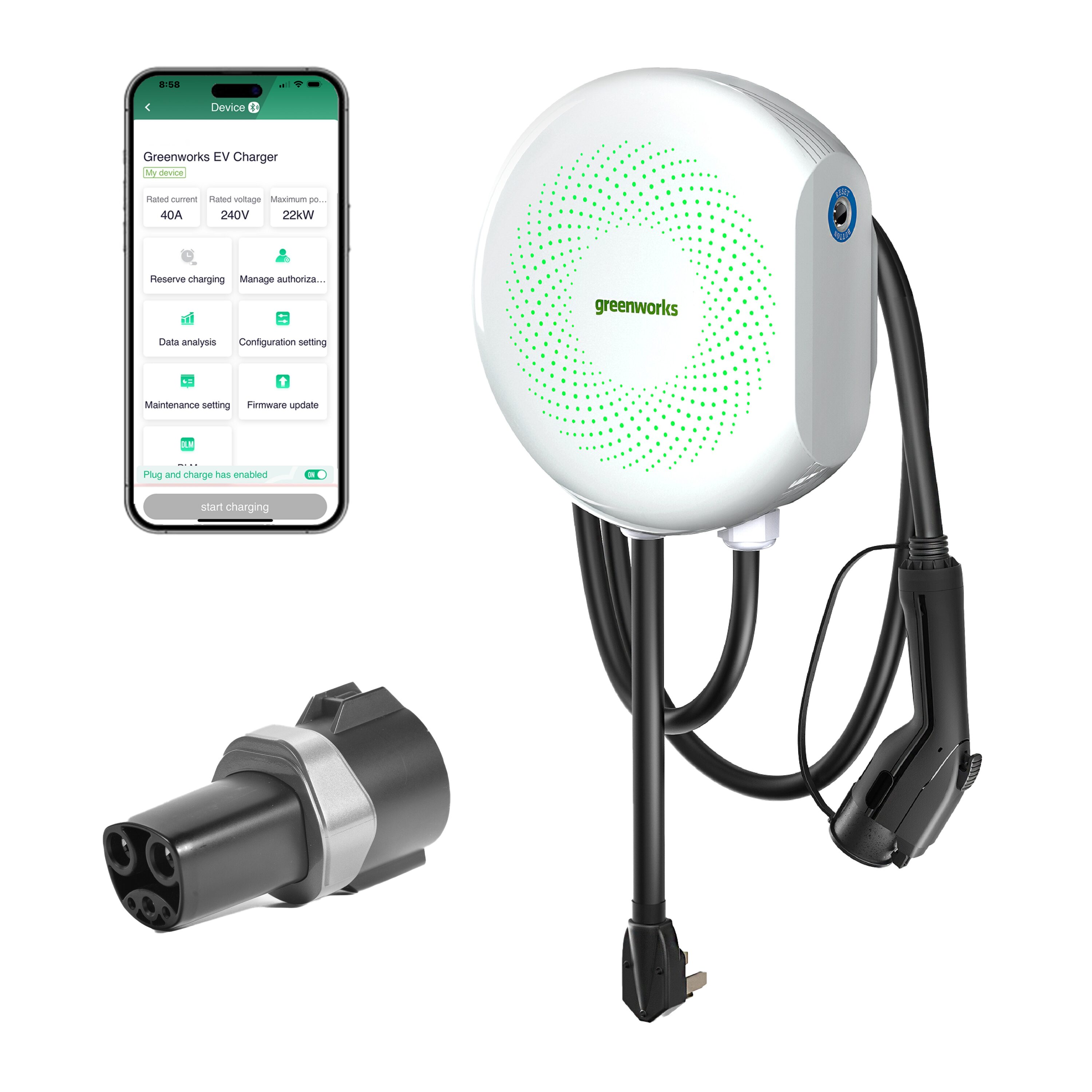 Estación de carga para vehículo eléctrico Greenworks Nivel 2 con conector NEMA 10-50r - hasta 40 amperios/240 voltios con cable de 20 pies EVC0640