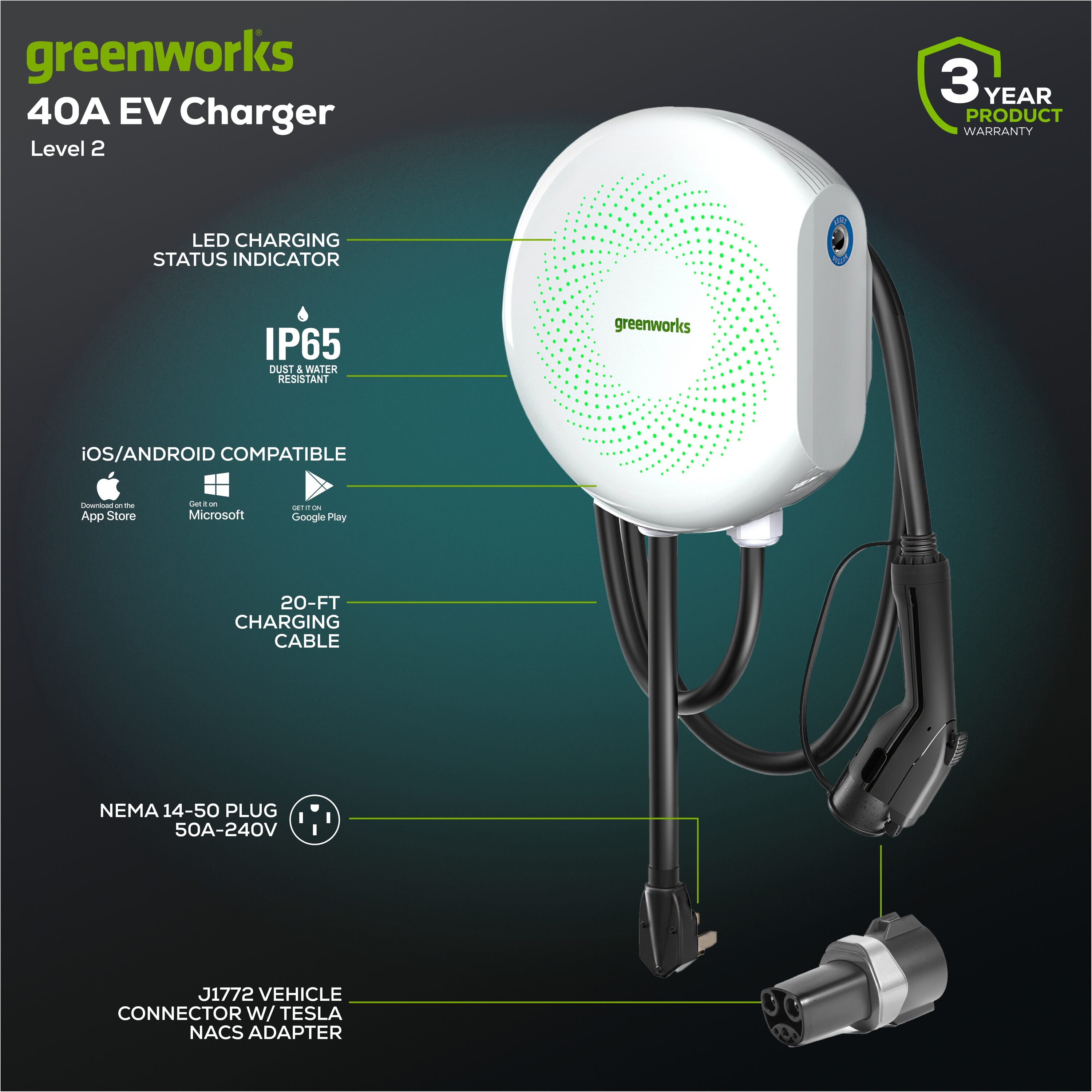 Estación de carga para vehículo eléctrico Greenworks Nivel 2 con conector NEMA 10-50r - hasta 40 amperios/240 voltios con cable de 20 pies EVC0640