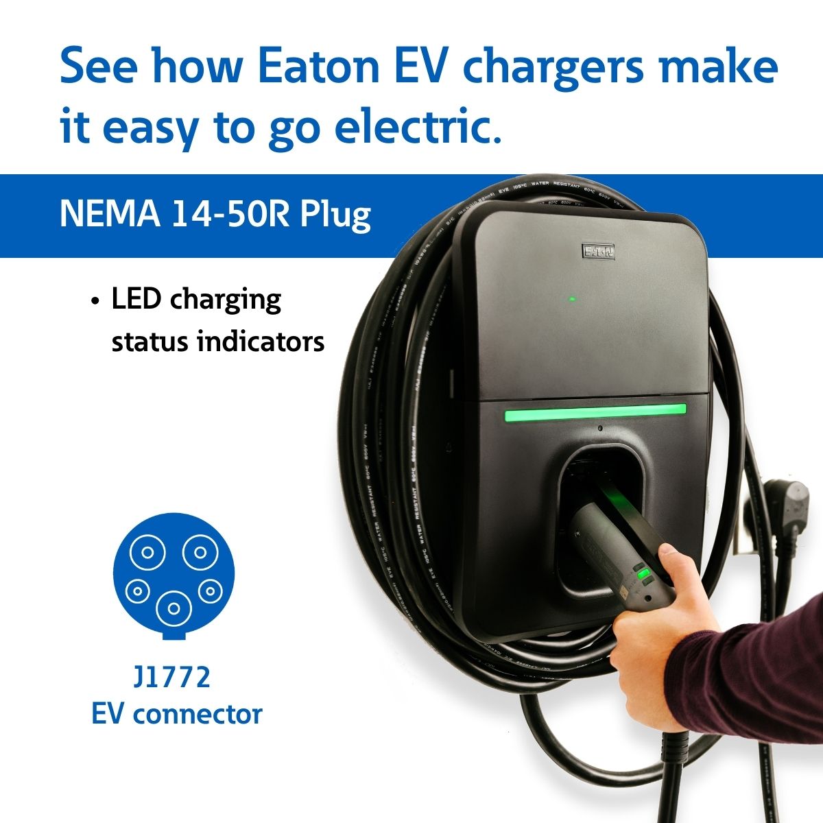Estación de carga para vehículos eléctricos Eaton Green Motion Nivel 2 con conector NEMA 14-50r - hasta 32 amperios/ 240 voltios con cable de 25 pies GMEV32BR-WCPL