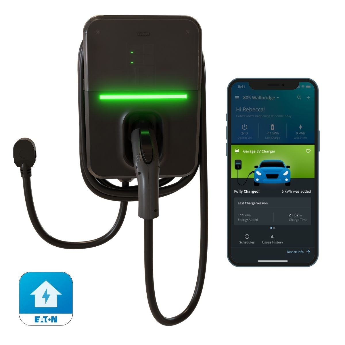 Estación de carga para vehículos eléctricos Eaton Green Motion Nivel 2 con conector NEMA 14-50r - hasta 32 amperios/ 240 voltios con cable de 25 pies GMEV32BR-WCPL