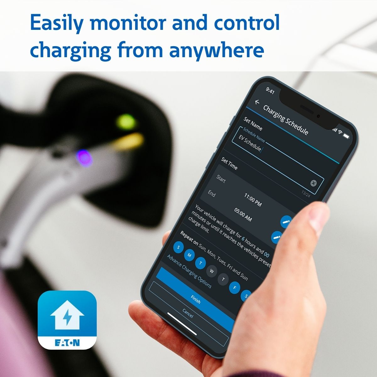Estación de carga para vehículos eléctricos Eaton Green Motion Nivel 2 con conector NEMA 14-50r - hasta 32 amperios/ 240 voltios con cable de 25 pies GMEV32BR-WCPL