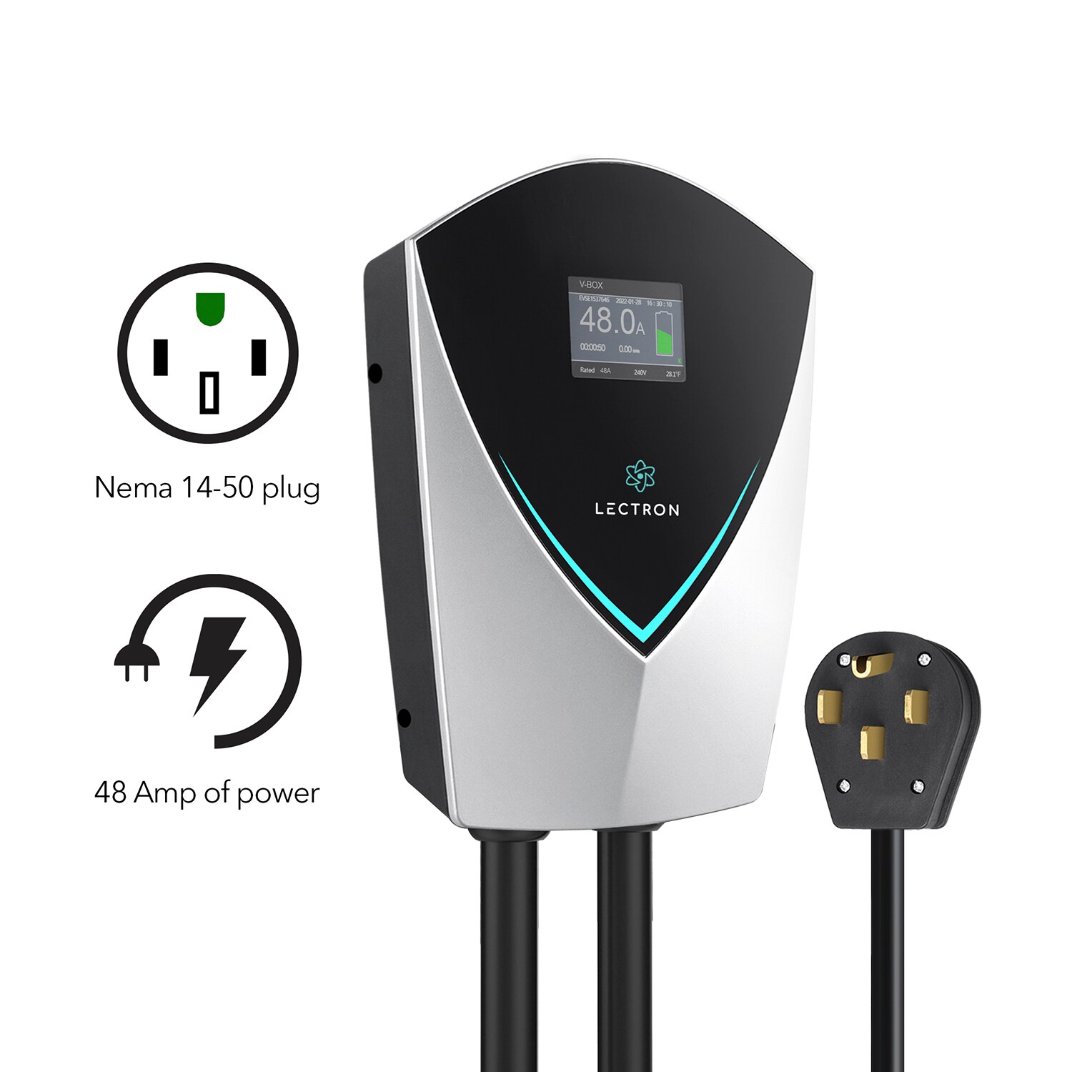 Cargador de Vehículo Eléctrico Lectron V-Box - Certificado EnergyStar y ETL Nivel 2 con Conector NEMA 14-50p - Estación de Carga para Vehículos Eléctricos - hasta 48 Amperios / 240 Voltios con Cable de 20 pies