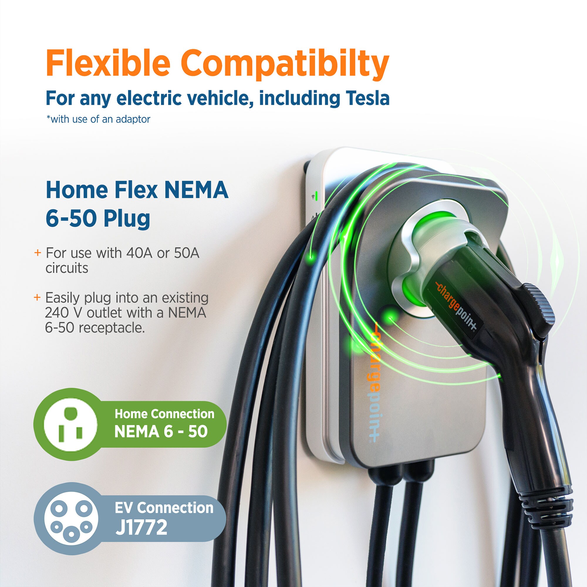 Estación de carga para vehículos eléctricos ChargePoint Home Flex Nivel 2 con conector NEMA 6-50r - hasta 50 amperios/240 voltios con cable de 23 pies.