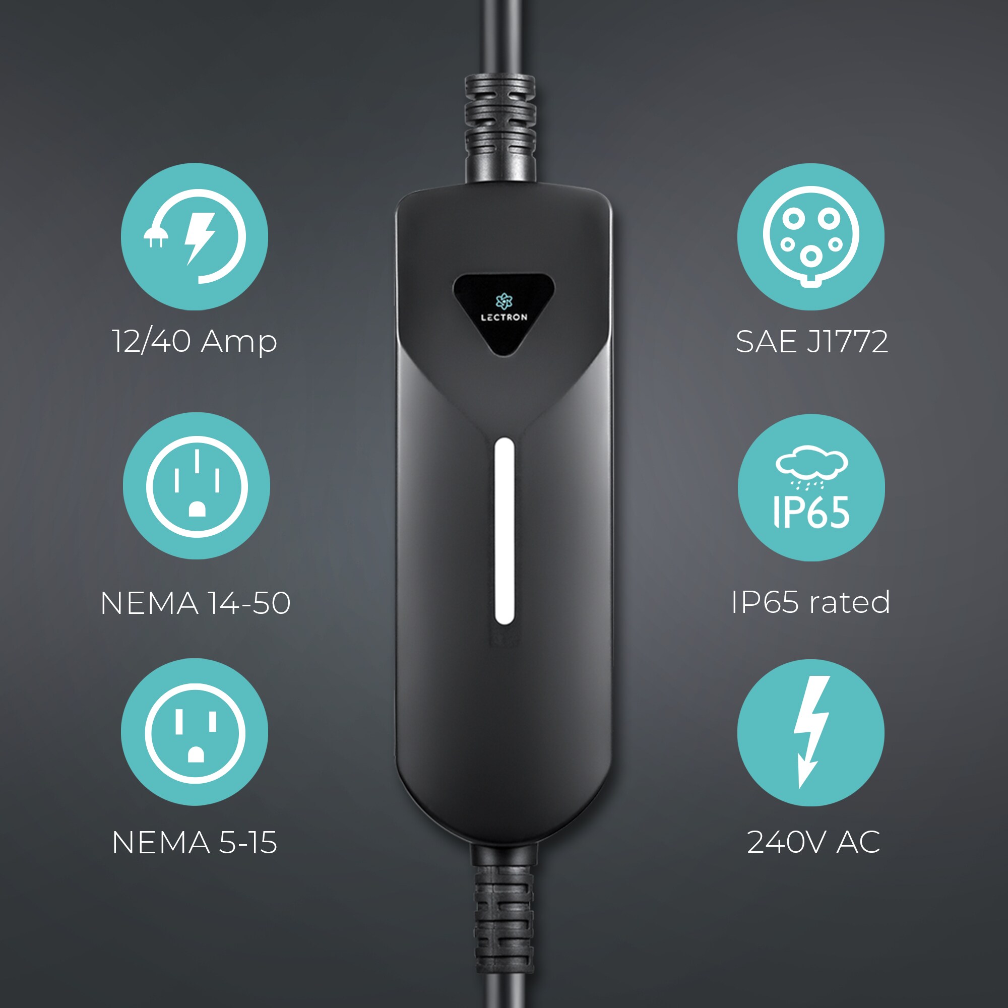 Estación de Carga para Vehículos Eléctricos Lectron Compatible con Todos los Vehículos Eléctricos J1772 Nivel 1 y Nivel 2 con Enchufe NEMA 5-15p/14-50p - Hasta 40 Amperios/ 120/240 Voltios con Cable de 16 pies