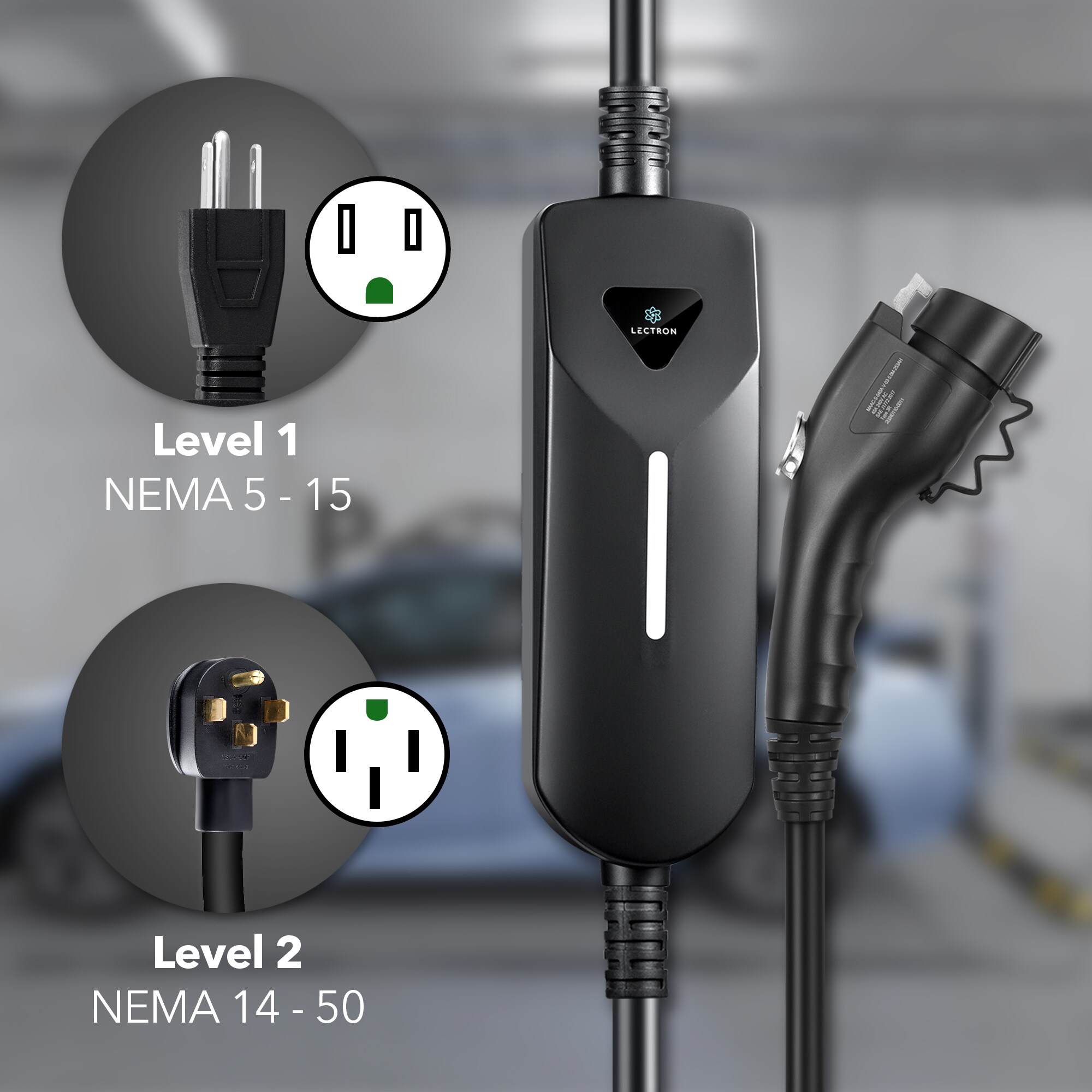 Estación de Carga para Vehículos Eléctricos Lectron Compatible con Todos los Vehículos Eléctricos J1772 Nivel 1 y Nivel 2 con Enchufe NEMA 5-15p/14-50p - Hasta 40 Amperios/ 120/240 Voltios con Cable de 16 pies