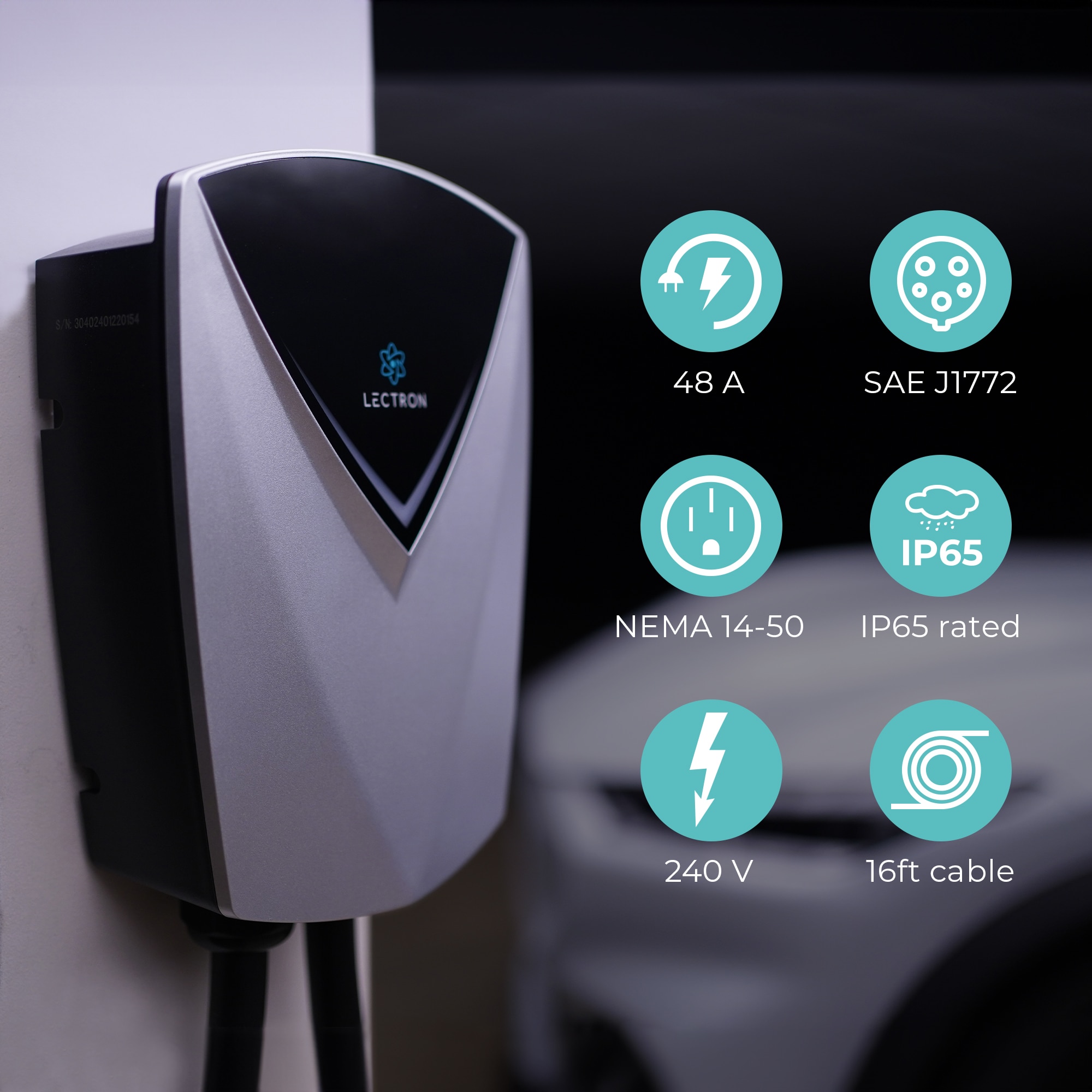 Estación de carga para vehículos eléctricos Lectron J1772 V-BOX Pro (Versión con Aplicación WiFi) Nivel 2 con Conector NEMA 14-50p - Hasta 48 Amperios/240 voltios con Cable de 16 pies