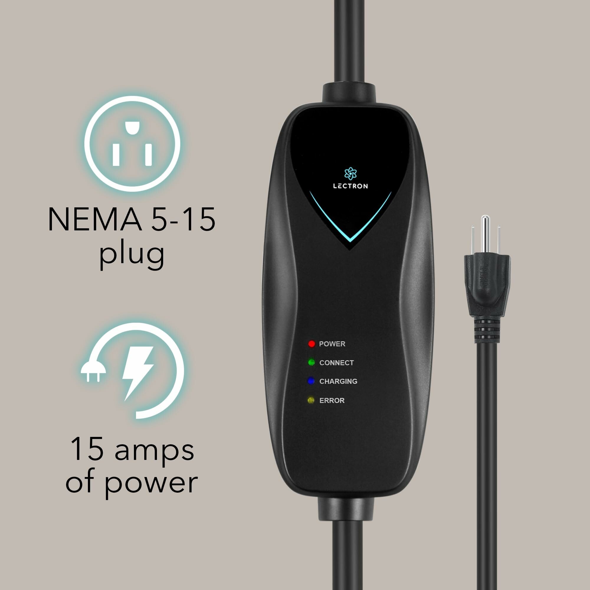 Cargador de vehículos eléctricos Lectron Tesla Nivel 1 con enchufe NEMA 5-15p - Estación de carga para vehículos eléctricos hasta 15 amperios/ 120 voltios con cable de 21 pies 4895230321829.