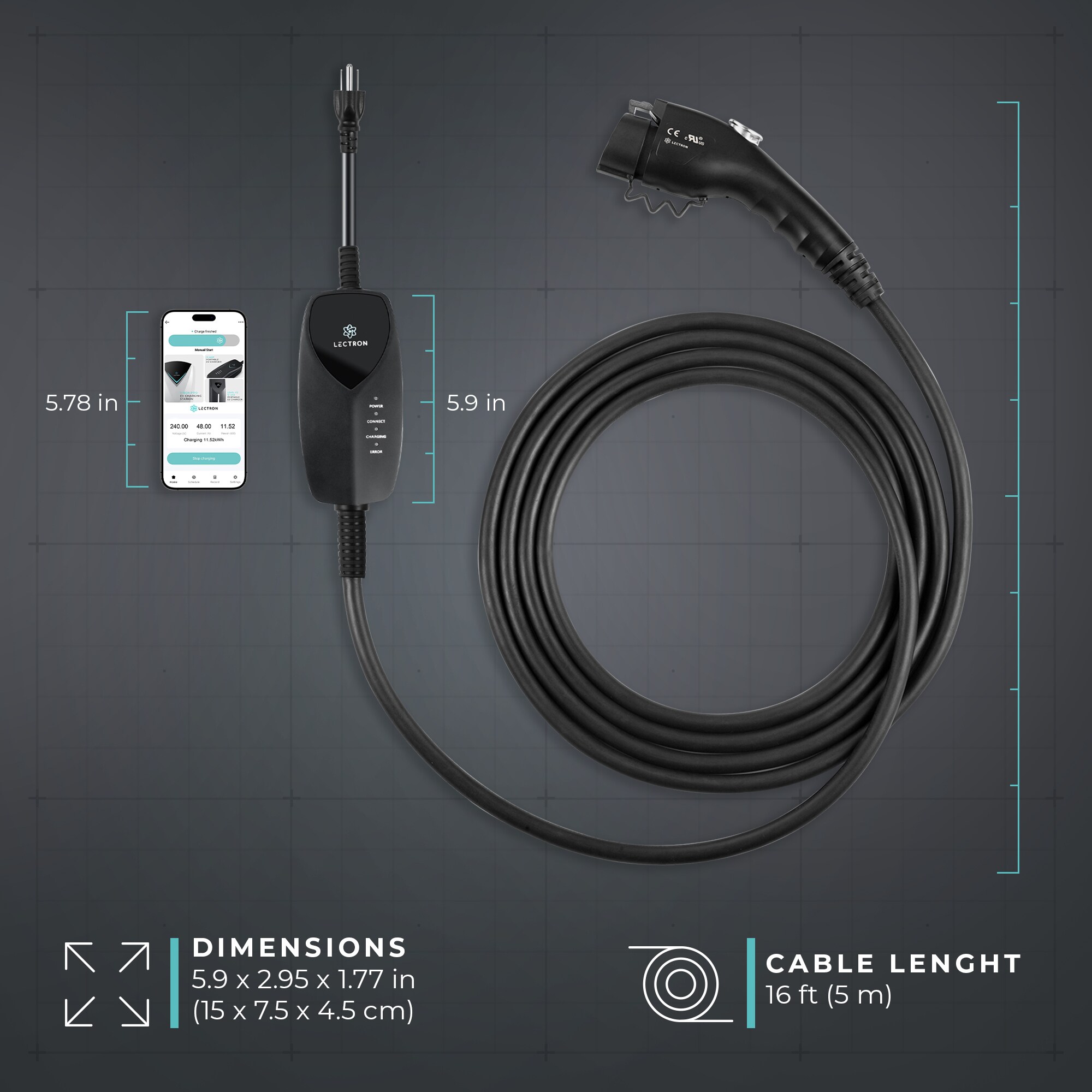 Cargador para vehículo eléctrico Lectron WiFi con control de aplicación Nivel 1 NEMA 5-15p: Estación de carga eléctrica para vehículos - hasta 12 amperios/120 voltios con cable de 16 pies