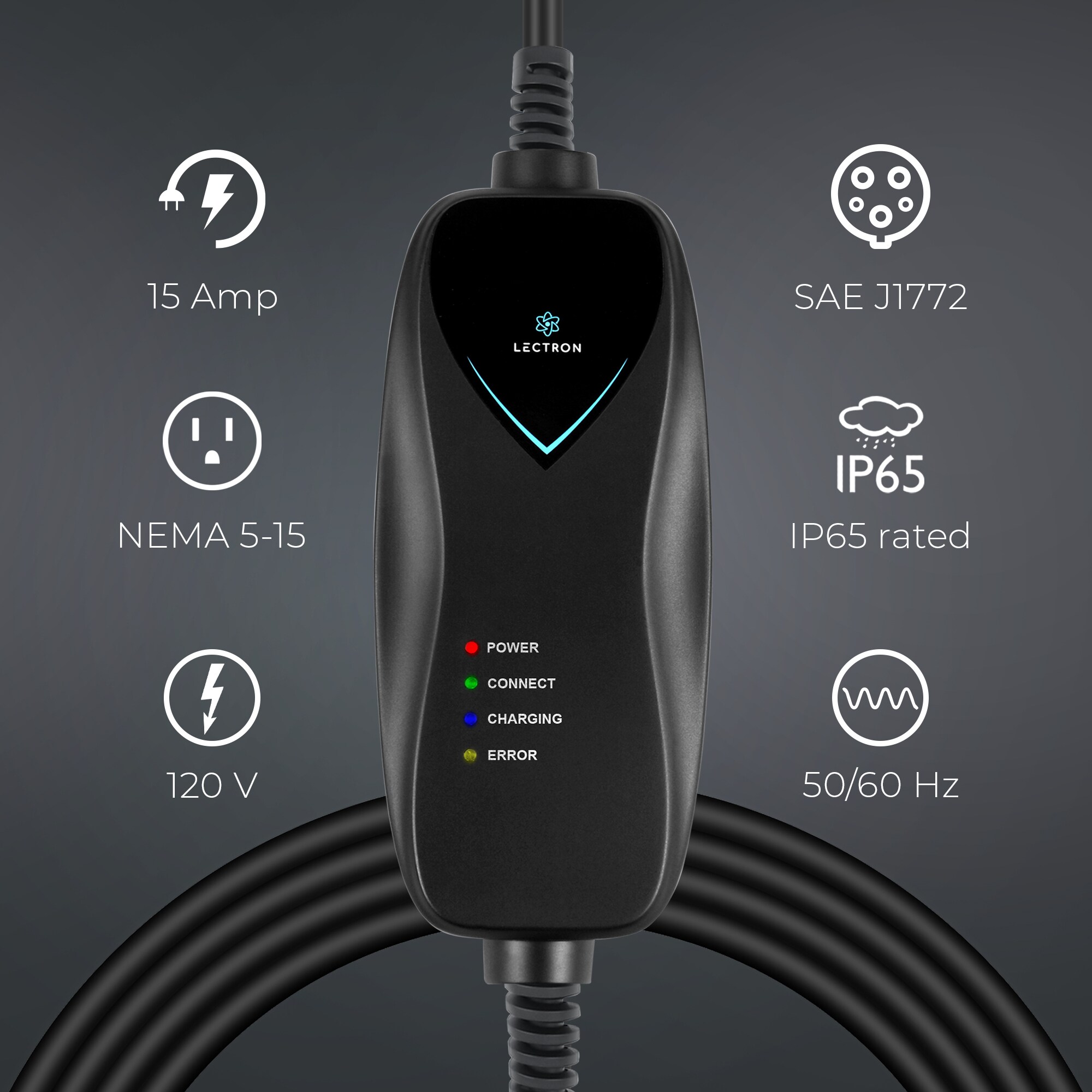 Estación de carga para vehículos eléctricos Lectron WiFi Nivel 1 con conector NEMA 5-15p - hasta 15 amperios/110 voltios con cable de 16 pies