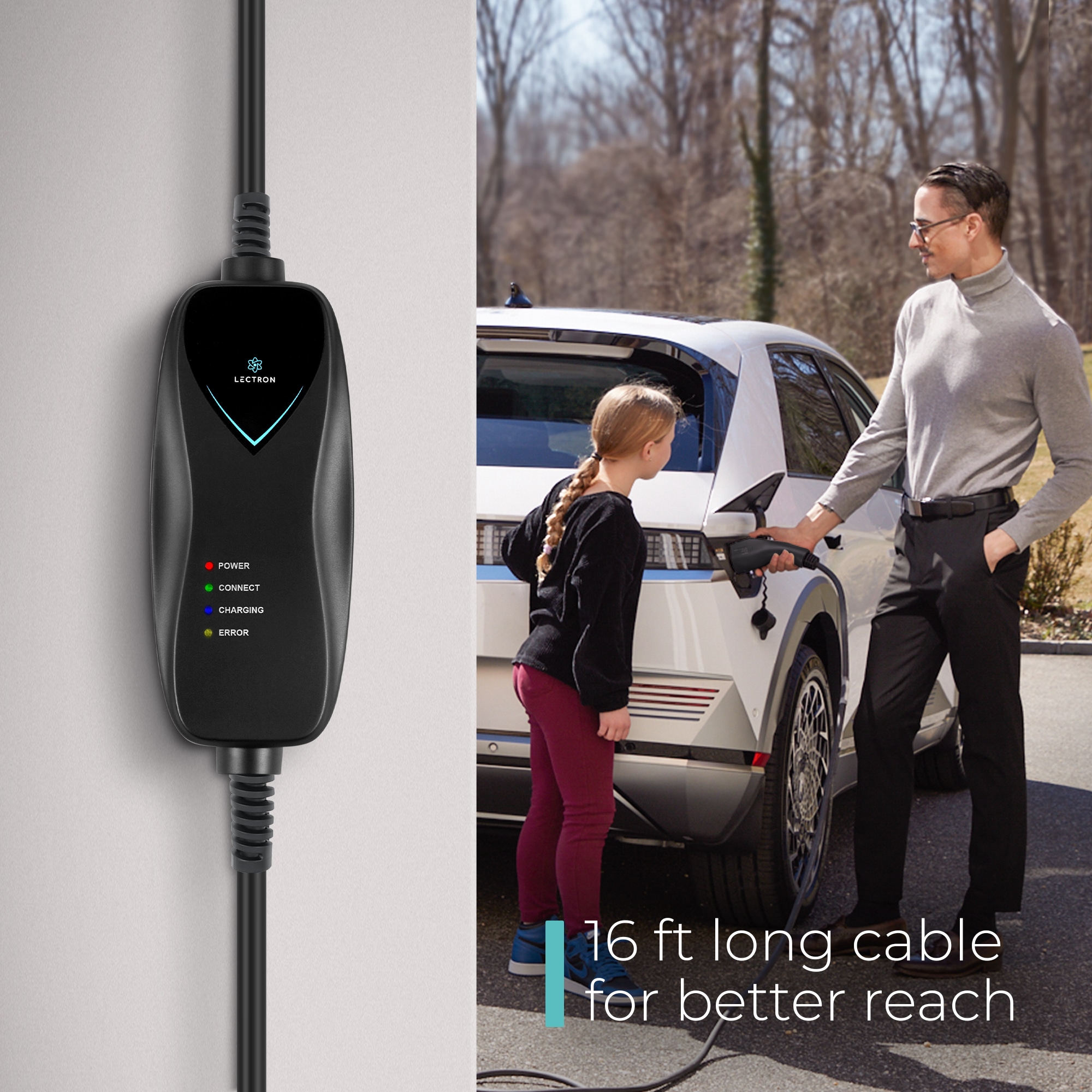 Estación de carga para vehículos eléctricos Lectron WiFi Nivel 1 con conector NEMA 5-15p - hasta 15 amperios/110 voltios con cable de 16 pies