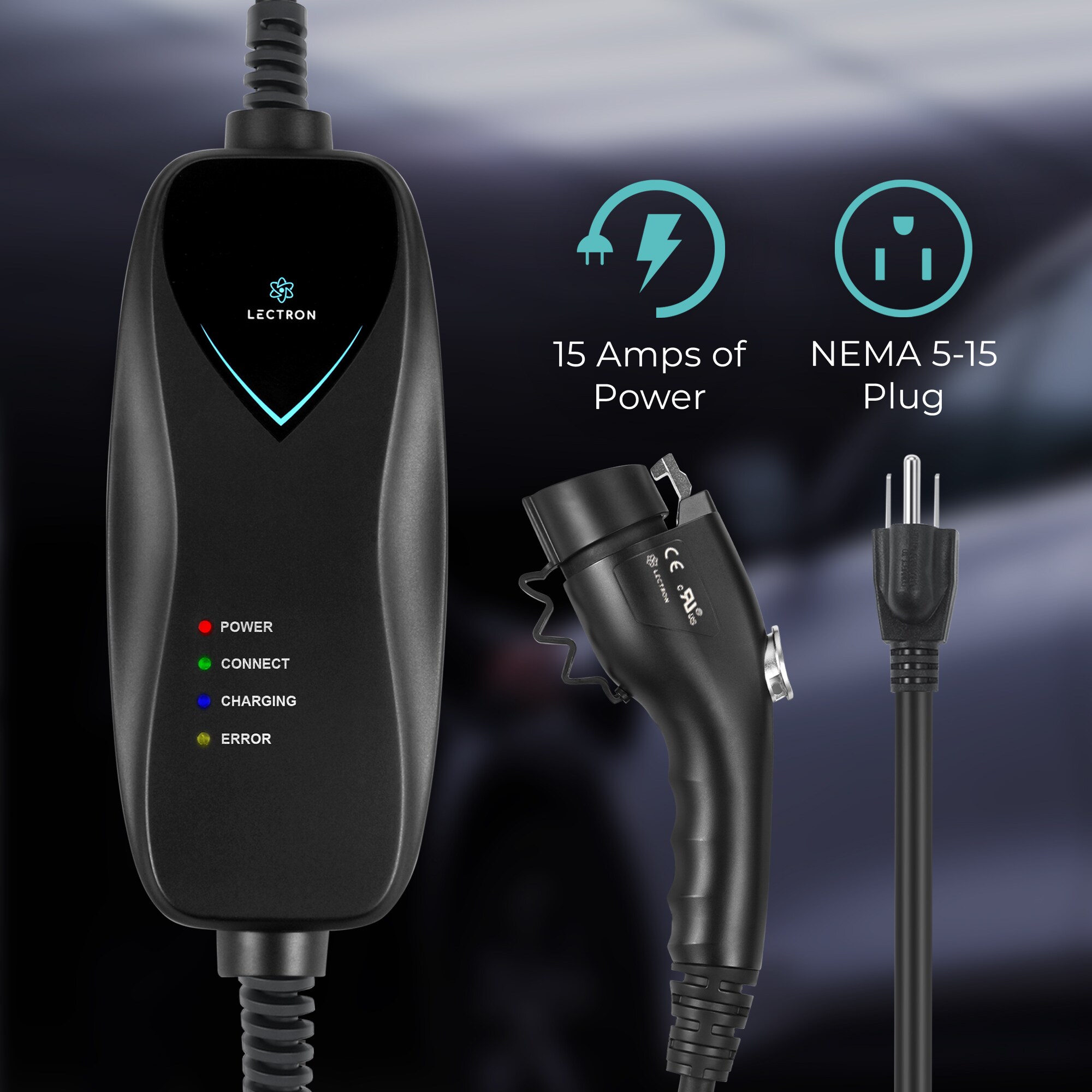 Estación de carga para vehículos eléctricos Lectron WiFi Nivel 1 con conector NEMA 5-15p - hasta 15 amperios/110 voltios con cable de 16 pies