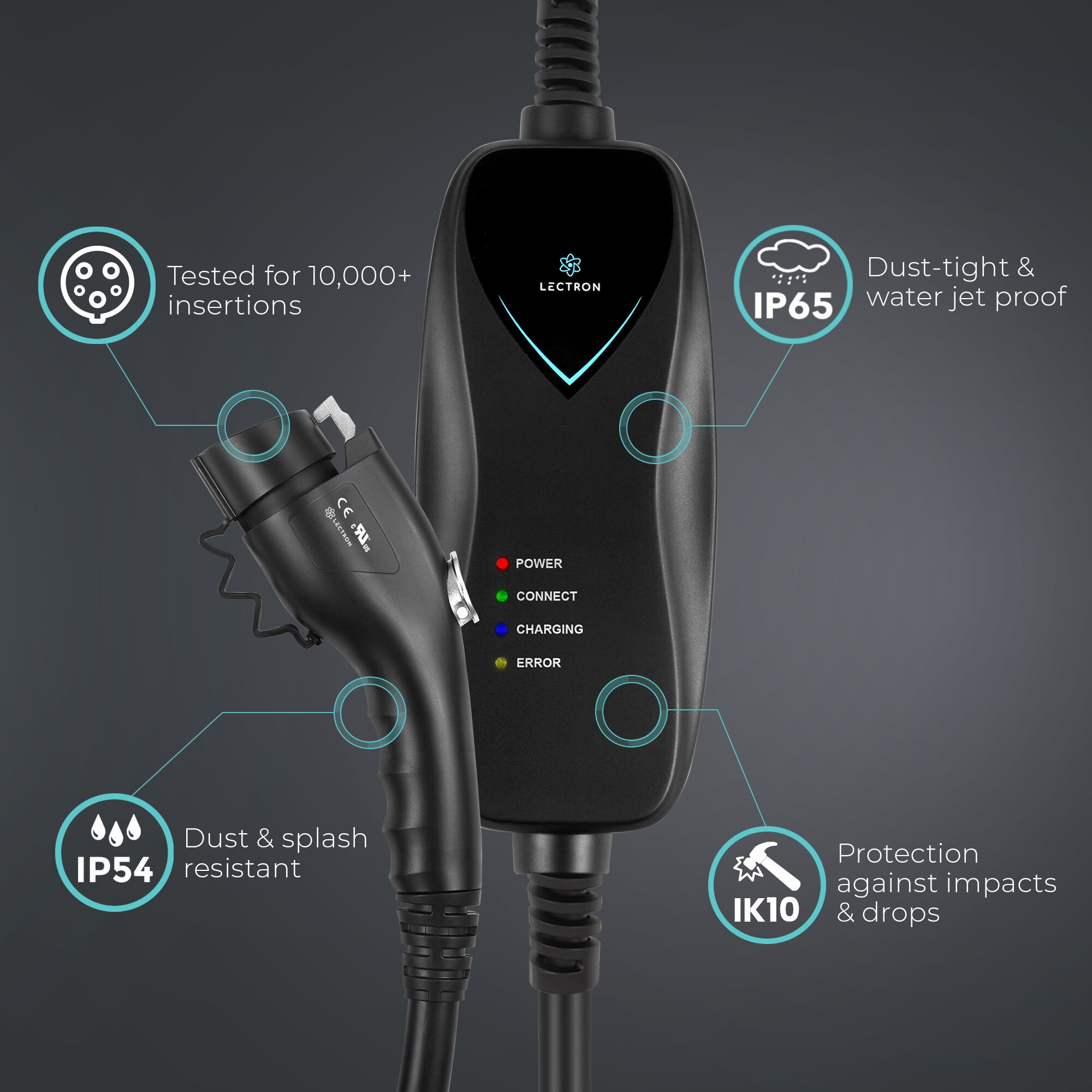 Estación de carga para vehículos eléctricos Lectron WiFi Nivel 1 con conector NEMA 5-15p - hasta 15 amperios/110 voltios con cable de 16 pies