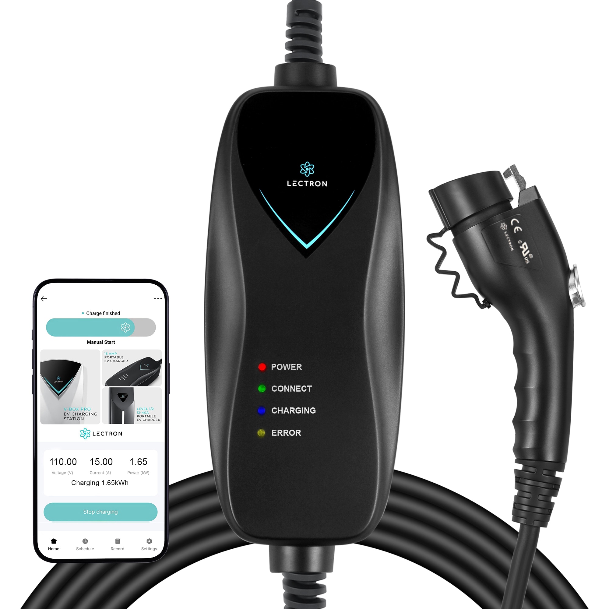 Estación de carga para vehículos eléctricos Lectron WiFi Nivel 1 con conector NEMA 5-15p - hasta 15 amperios/110 voltios con cable de 16 pies